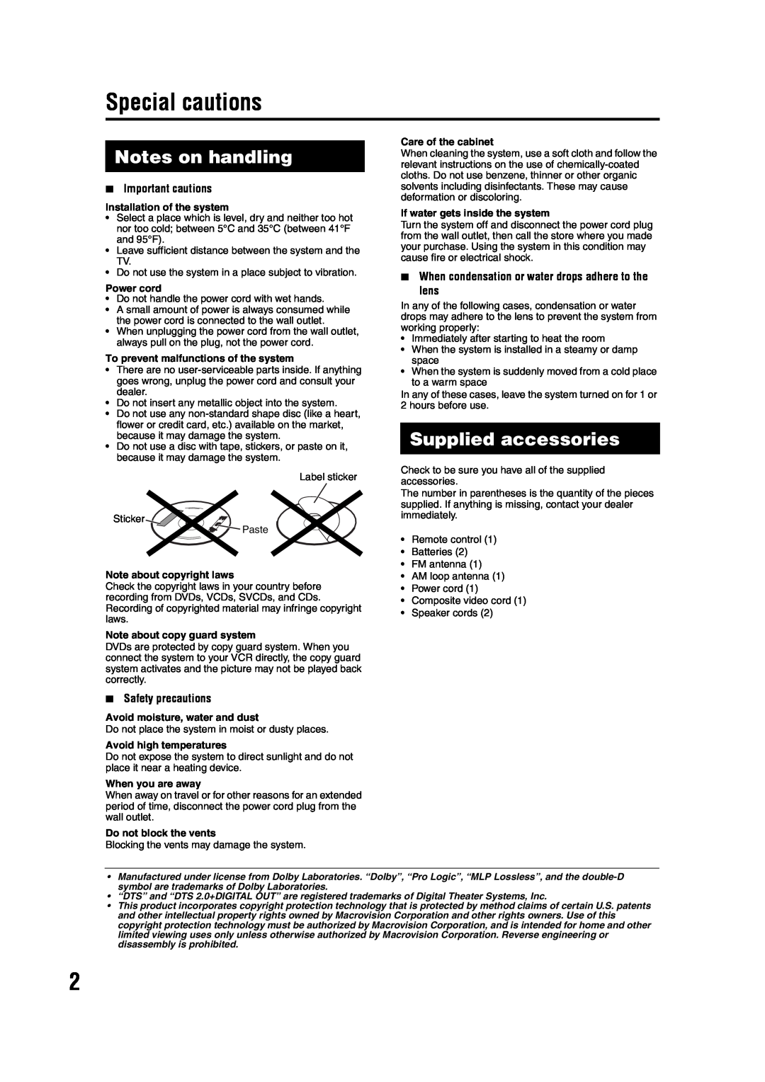 JVC GVT0142-001A manual Special cautions, Notes on handling, Supplied accessories, 7Important cautions, 7Safety precautions 