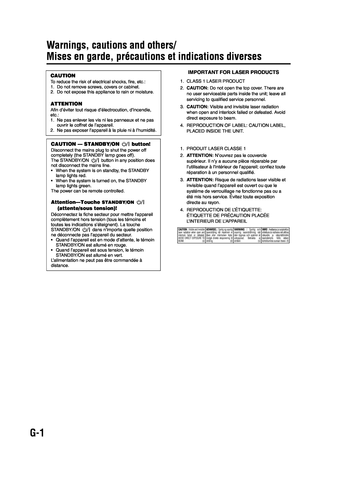 JVC GVT0142-001A manual Attention––Touche STANDBY/ON attente/sous tension, Warnings, cautions and others 