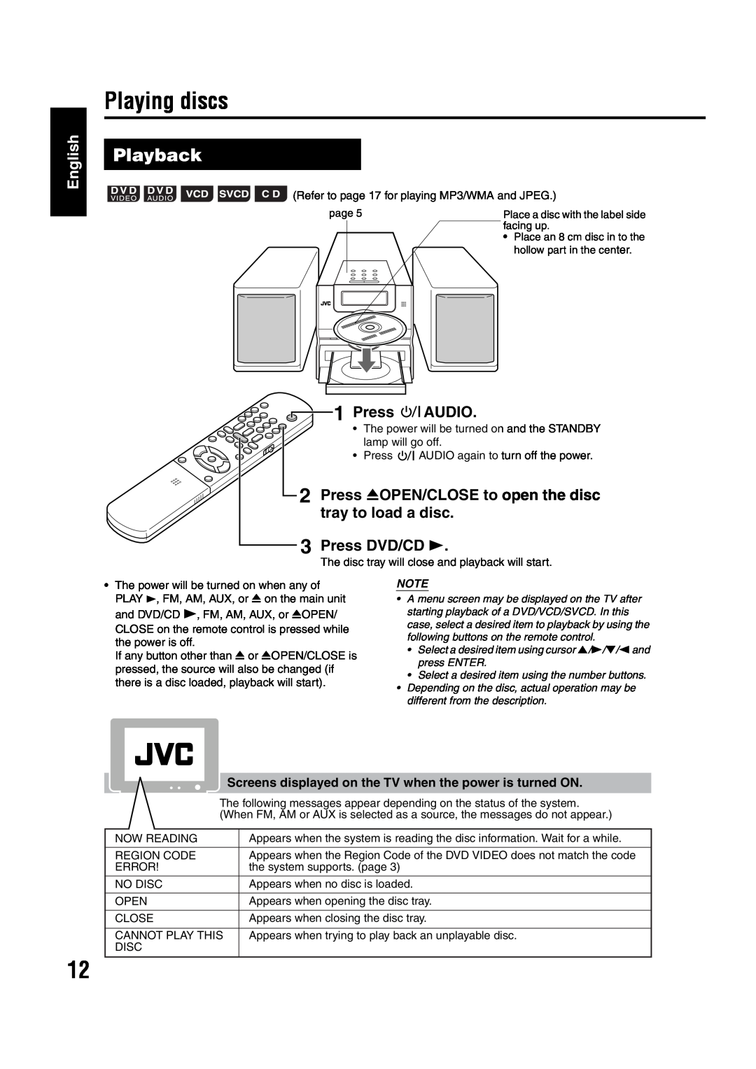 JVC GVT0142-001A Playing discs, Playback, English, Audio, Press 0OPEN/CLOSE to open the disc, tray to load a disc 