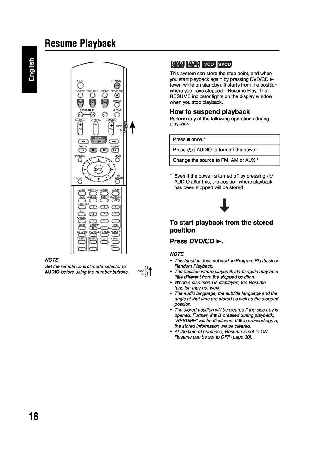 JVC GVT0142-001A manual Resume Playback, English, How to suspend playback, To start playback from the stored position 