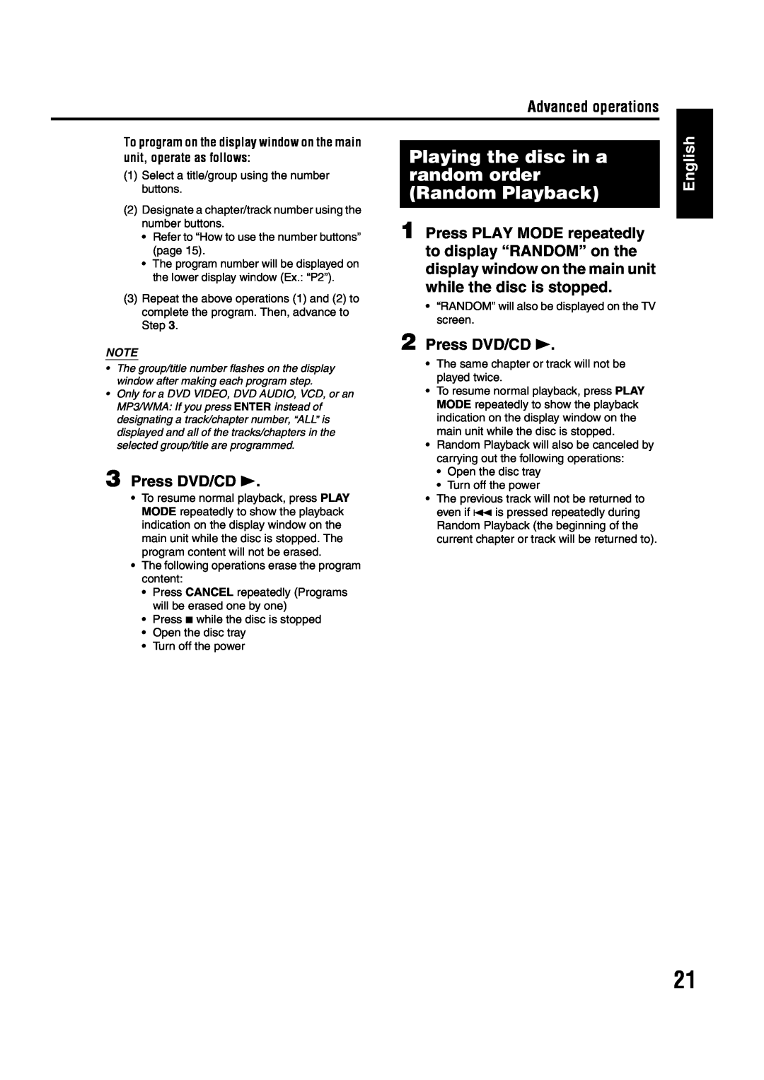 JVC GVT0142-001A manual Advanced operations, Press DVD/CD, English 