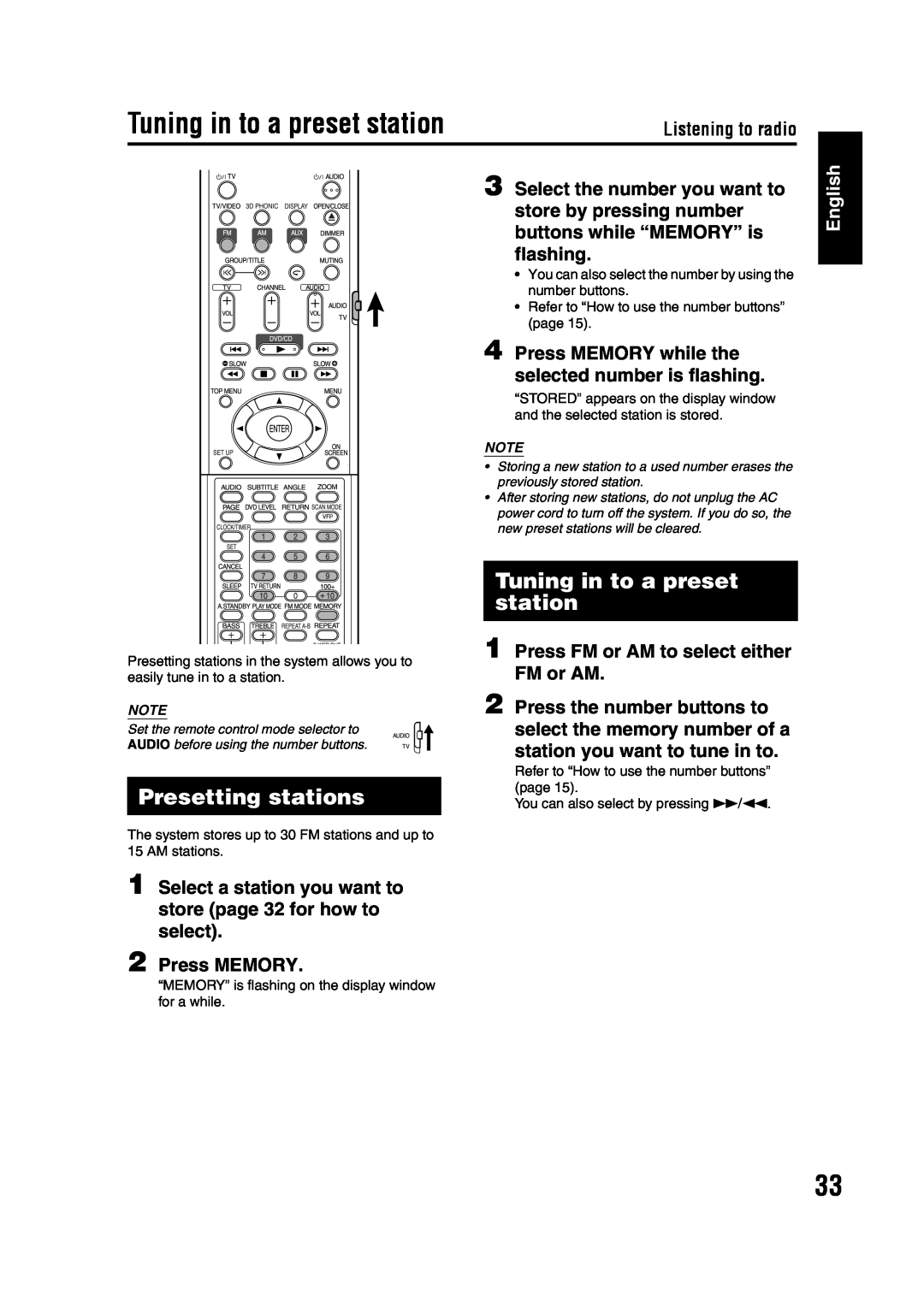 JVC GVT0142-001A manual Tuning in to a preset station, Presetting stations, Press MEMORY, English 