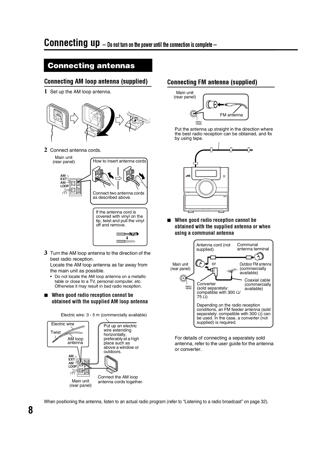 JVC 0405AIMMDWJEM Connecting antennas, Connection, Connecting AM loop antenna supplied, Connecting FM antenna supplied 