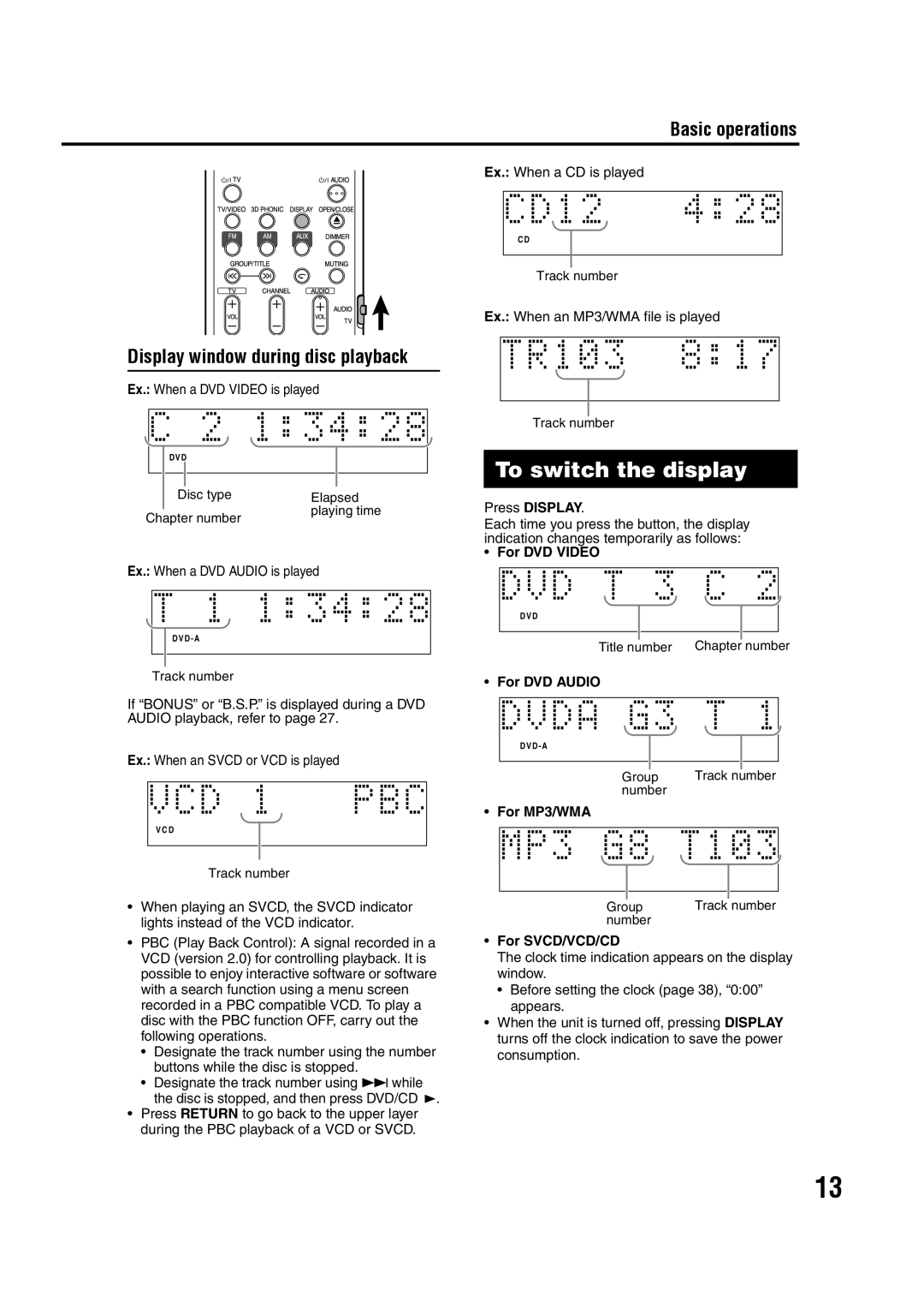 JVC SP-FSY1, GVT0142-008A, 0405AIMMDWJEM manual To switch the display, Basic operations Display window during disc playback 