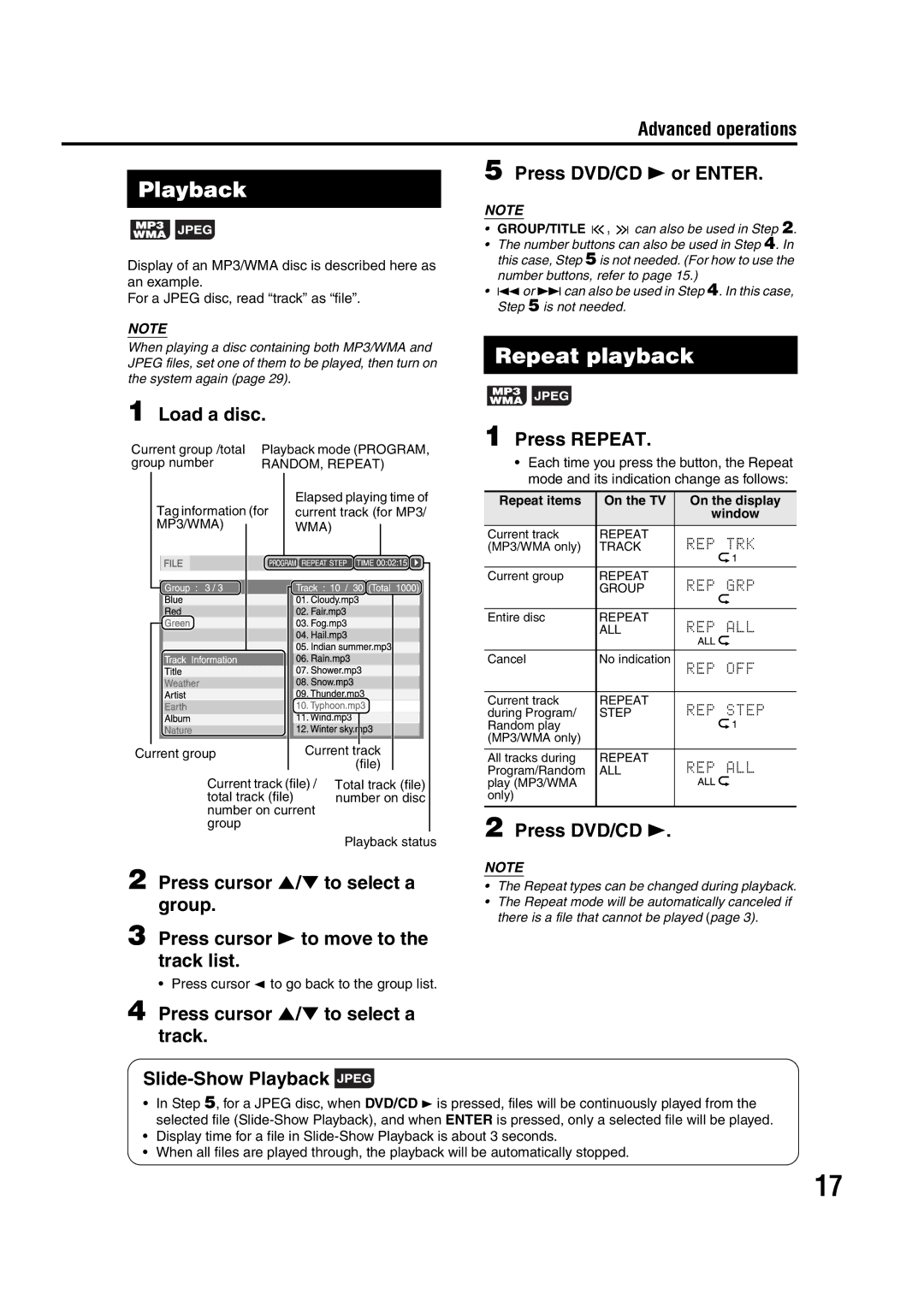 JVC 0405AIMMDWJEM, GVT0142-008A, SP-FSY1 manual Repeat playback, Press DVD/CD 3 or Enter, Load a disc, Press Repeat 