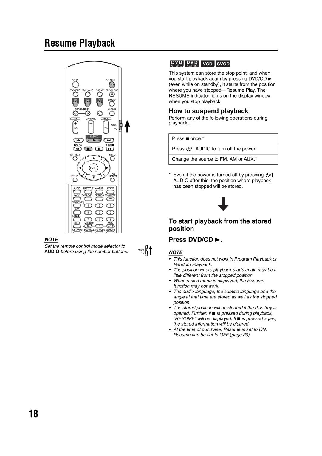 JVC GVT0142-008A manual Resume Playback, How to suspend playback, To start playback from the stored position Press DVD/CD 