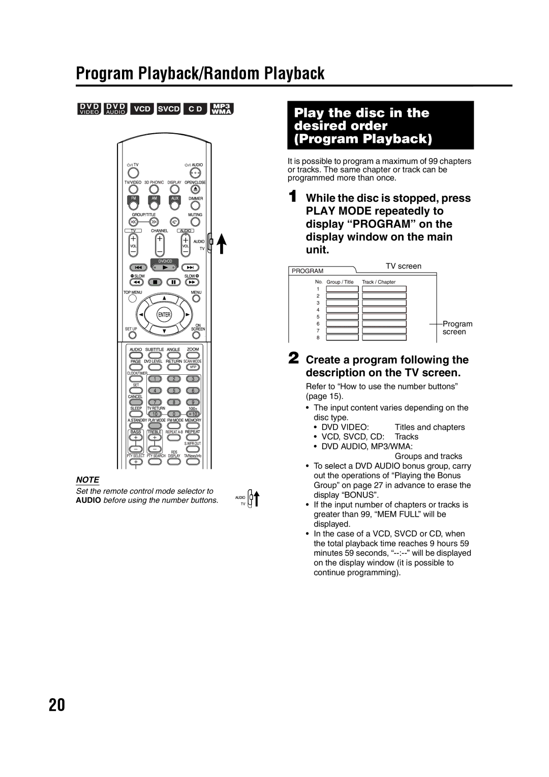 JVC 0405AIMMDWJEM, GVT0142-008A manual Program Playback/Random Playback, Play the disc in the desired order Program Playback 