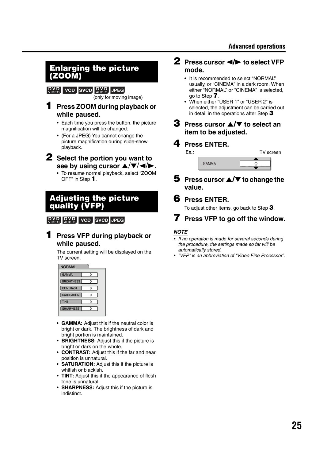 JVC SP-FSY1, GVT0142-008A, 0405AIMMDWJEM manual Enlarging the picture Zoom, Adjusting the picture quality VFP 