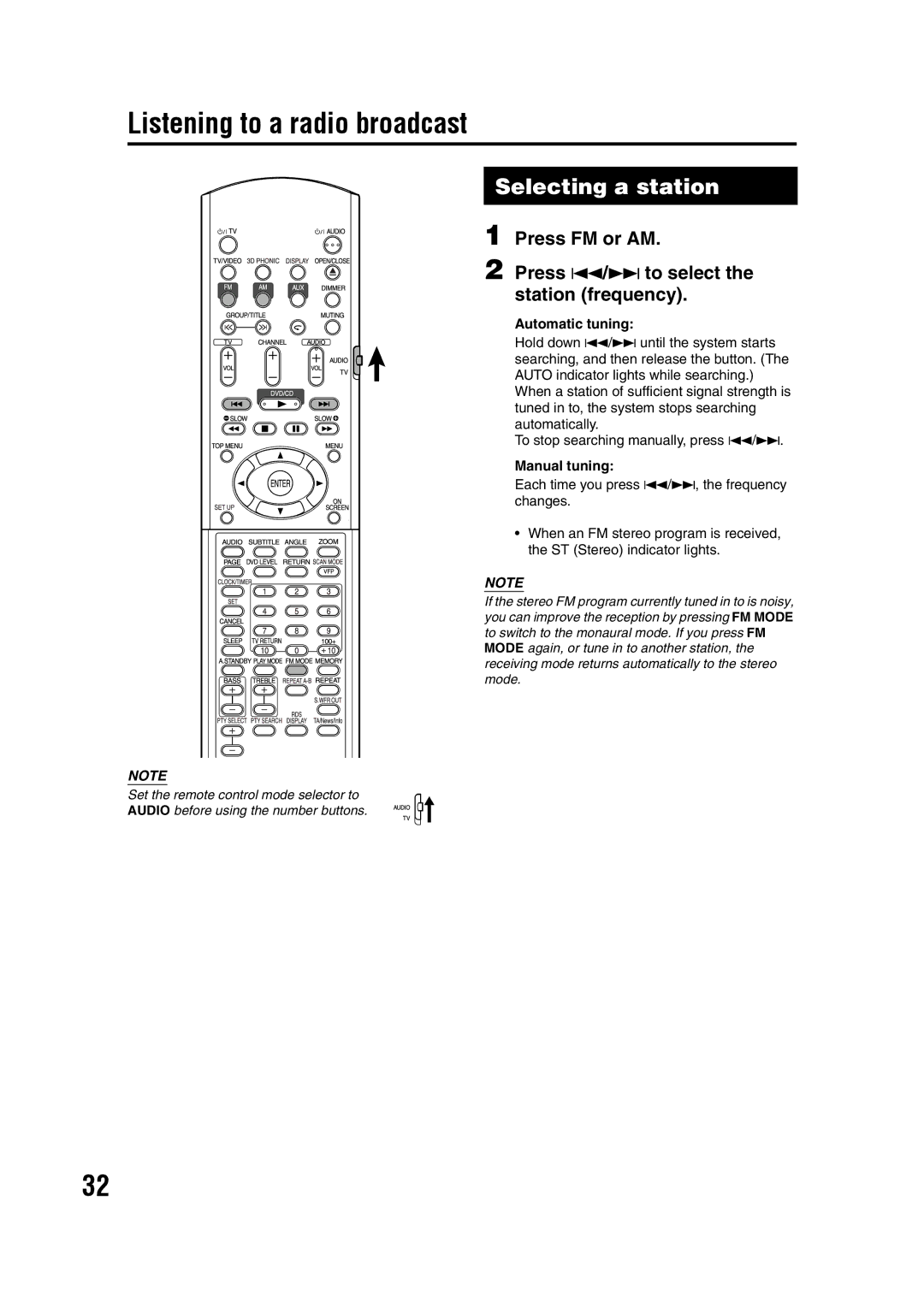 JVC 0405AIMMDWJEM, GVT0142-008A manual Listening to a radio broadcast, Selecting a station, Automatic tuning, Manual tuning 