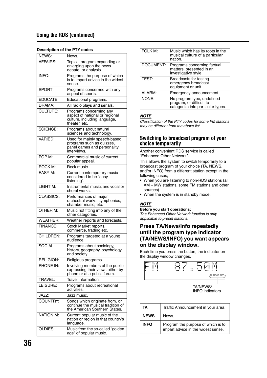 JVC GVT0142-008A Using the RDS, Switching to broadcast program of your choice temporarily, Description of the PTY codes 