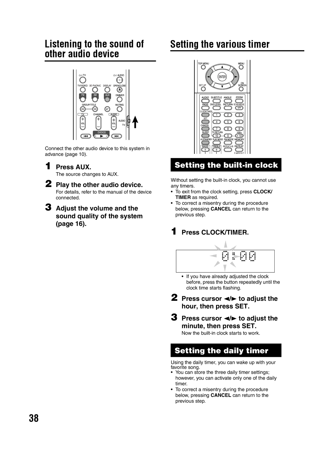 JVC 0405AIMMDWJEM, GVT0142-008A, SP-FSY1 Setting the various timer, Setting the built-in clock, Setting the daily timer 