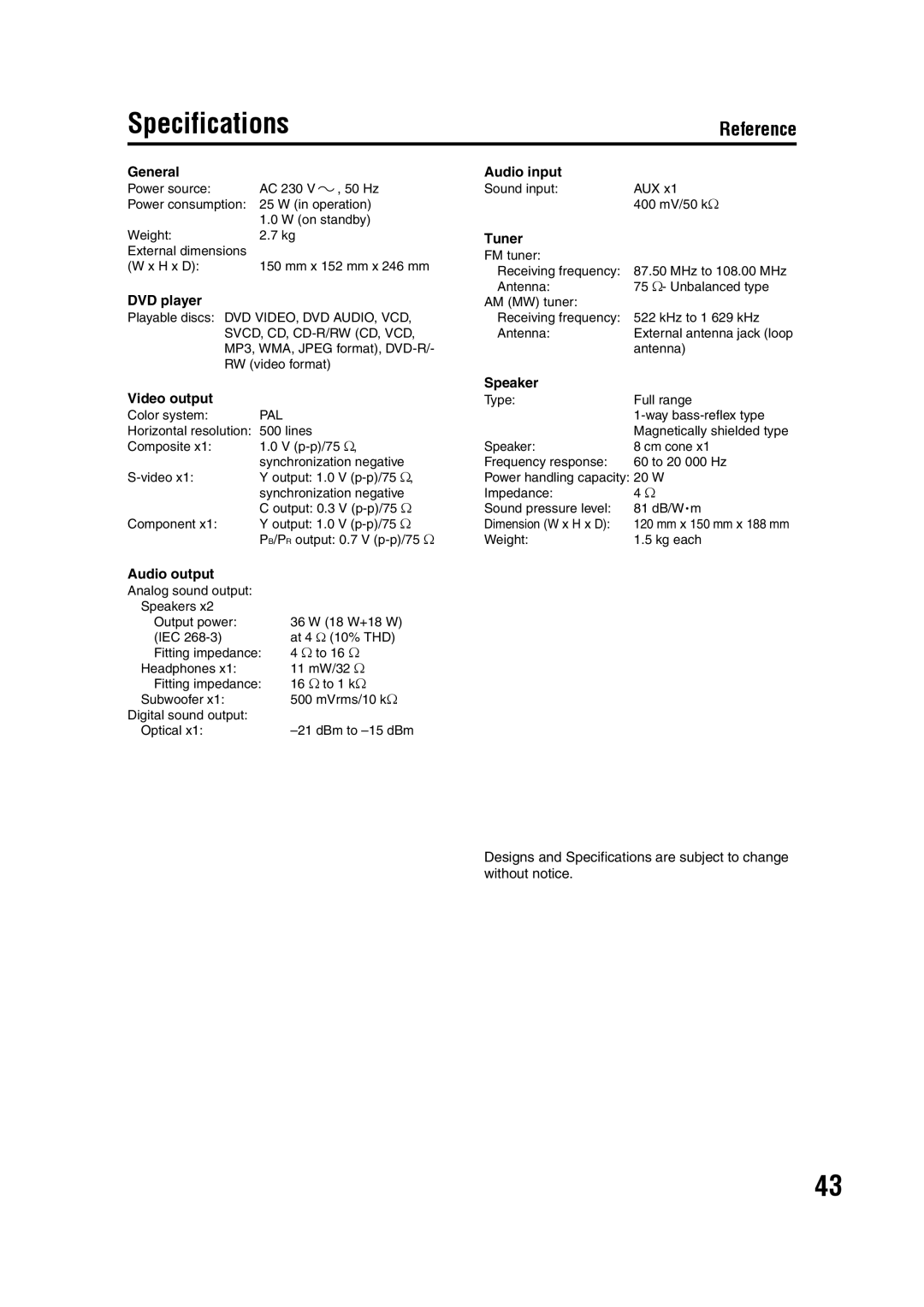 JVC SP-FSY1, GVT0142-008A, 0405AIMMDWJEM manual Specifications 