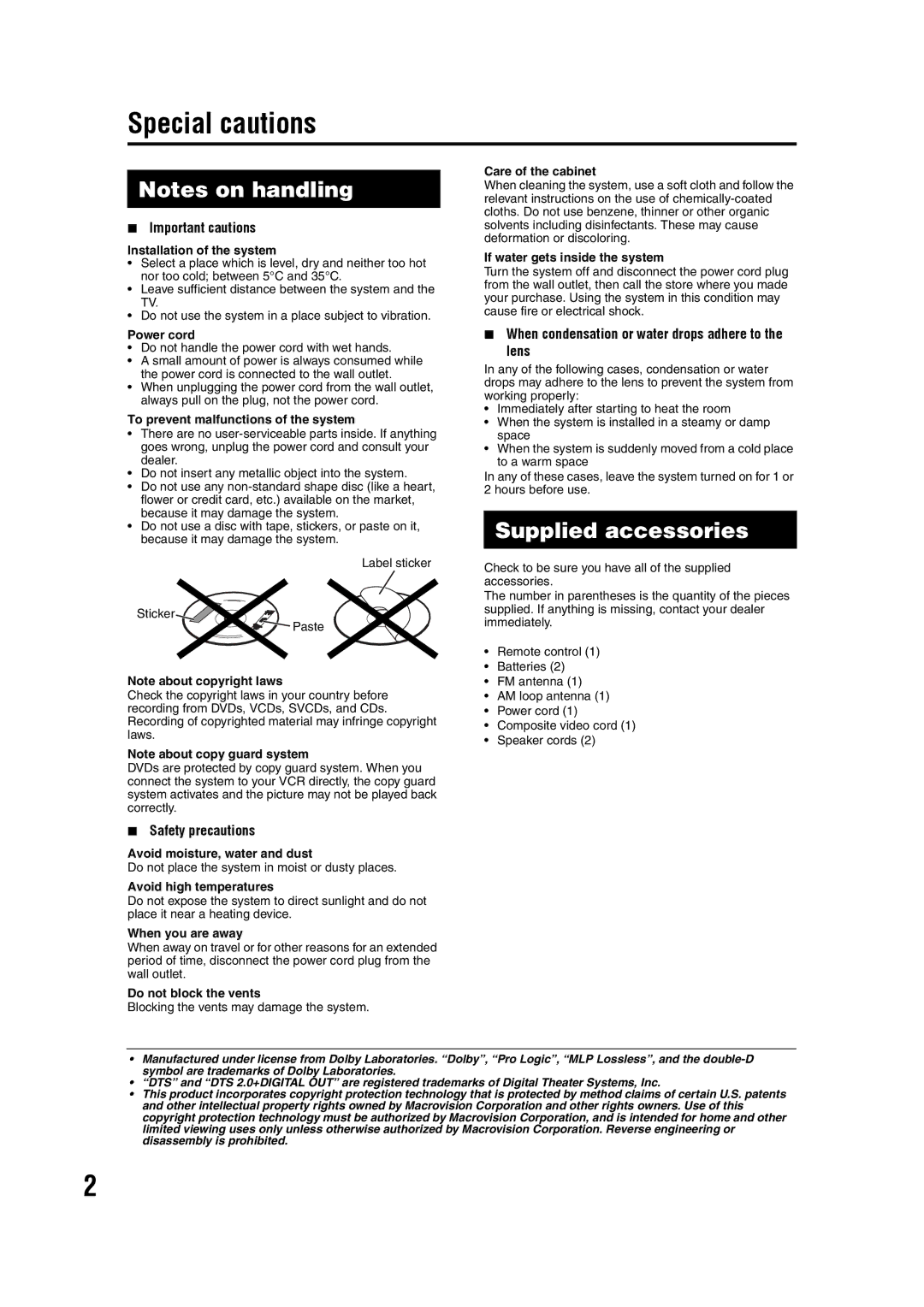 JVC 0405AIMMDWJEM, GVT0142-008A, SP-FSY1 manual Special cautions, Supplied accessories 