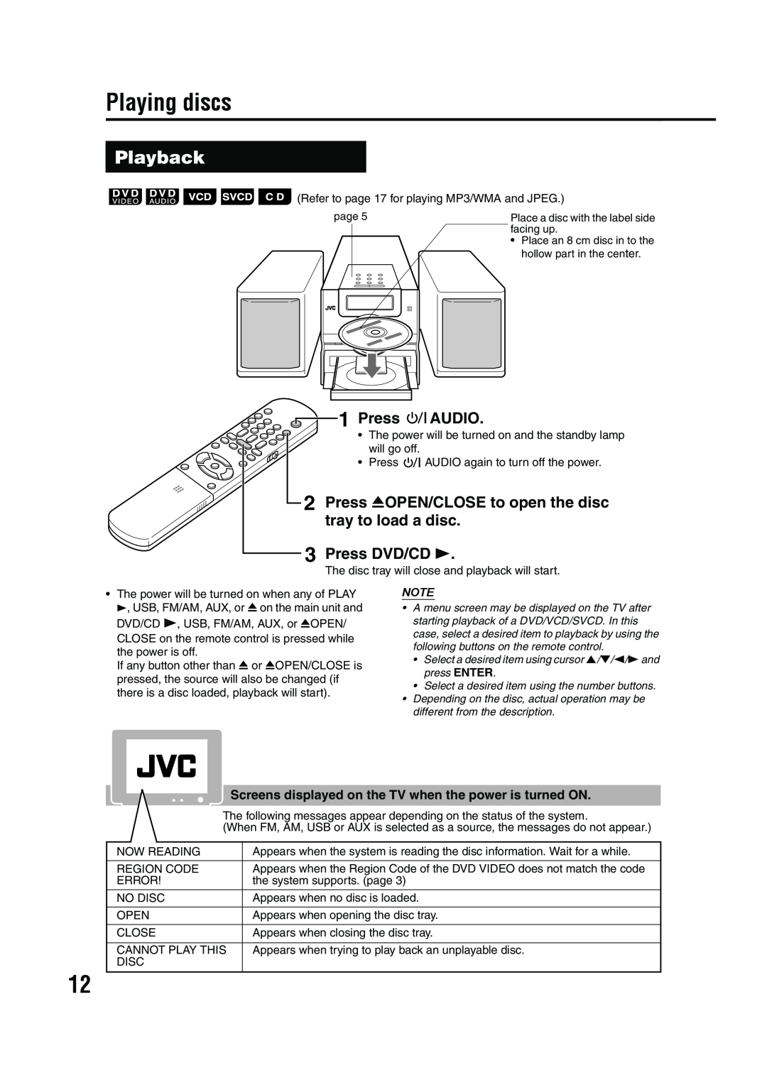 JVC GVT0143-008A Playing discs, Playback, Audio, Press 0OPEN/CLOSE to open the disc, tray to load a disc, Press DVD/CD 