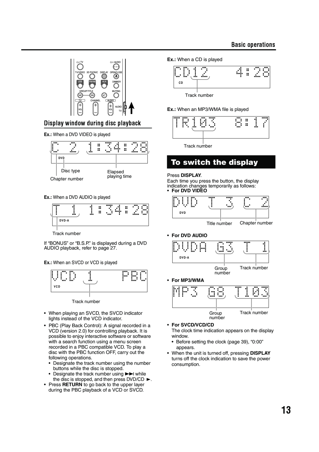 JVC GVT0143-008A To switch the display, Display window during disc playback, For DVD VIDEO, For DVD AUDIO, For MP3/WMA 