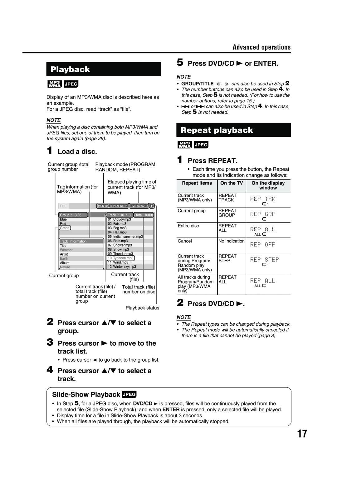 JVC GVT0143-008A Repeat playback, Press DVD/CD 3 or ENTER, Load a disc, Press cursor 5/∞ to select a group, Press REPEAT 