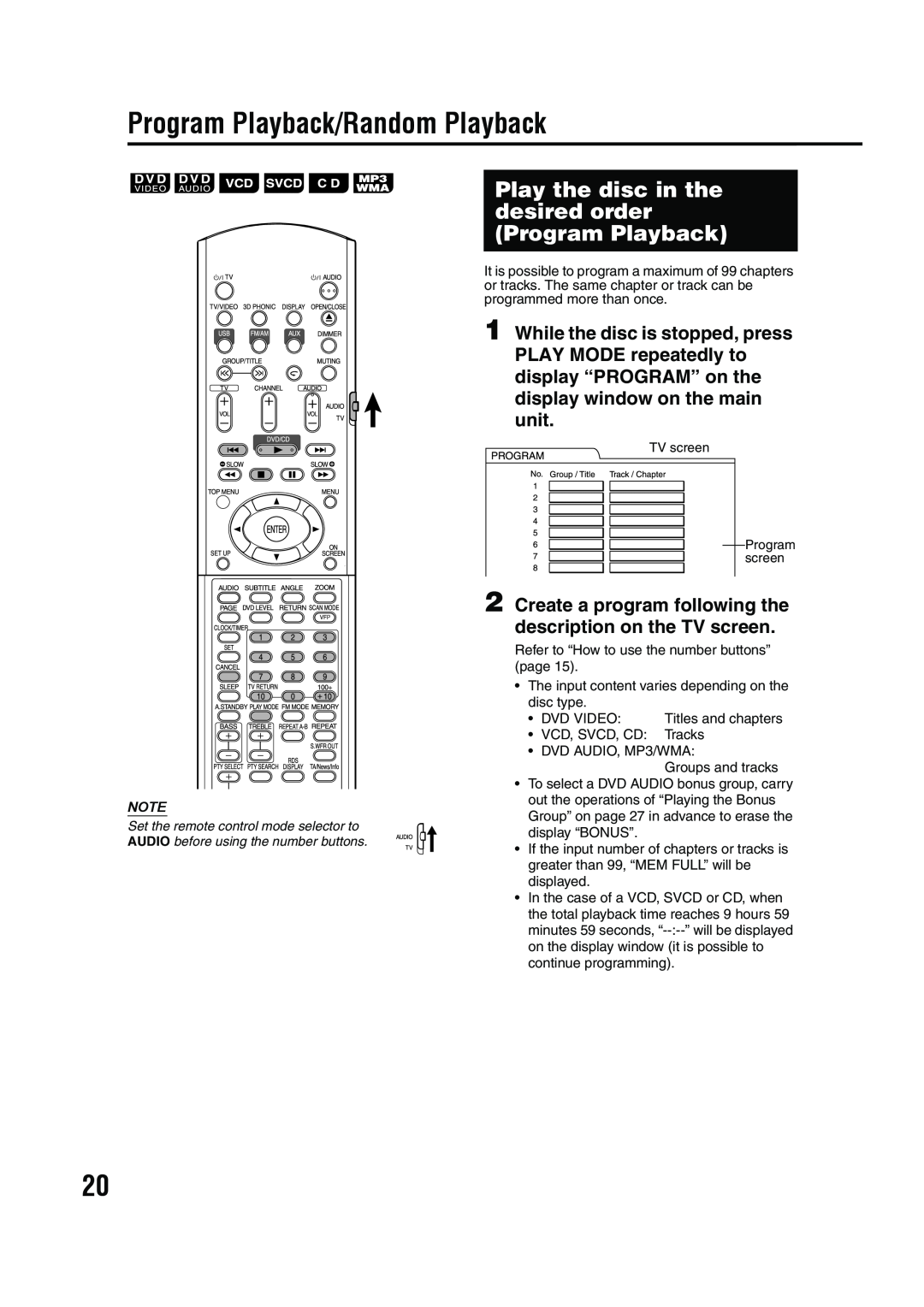JVC GVT0143-008A manual Program Playback/Random Playback, Play the disc in the desired order Program Playback 