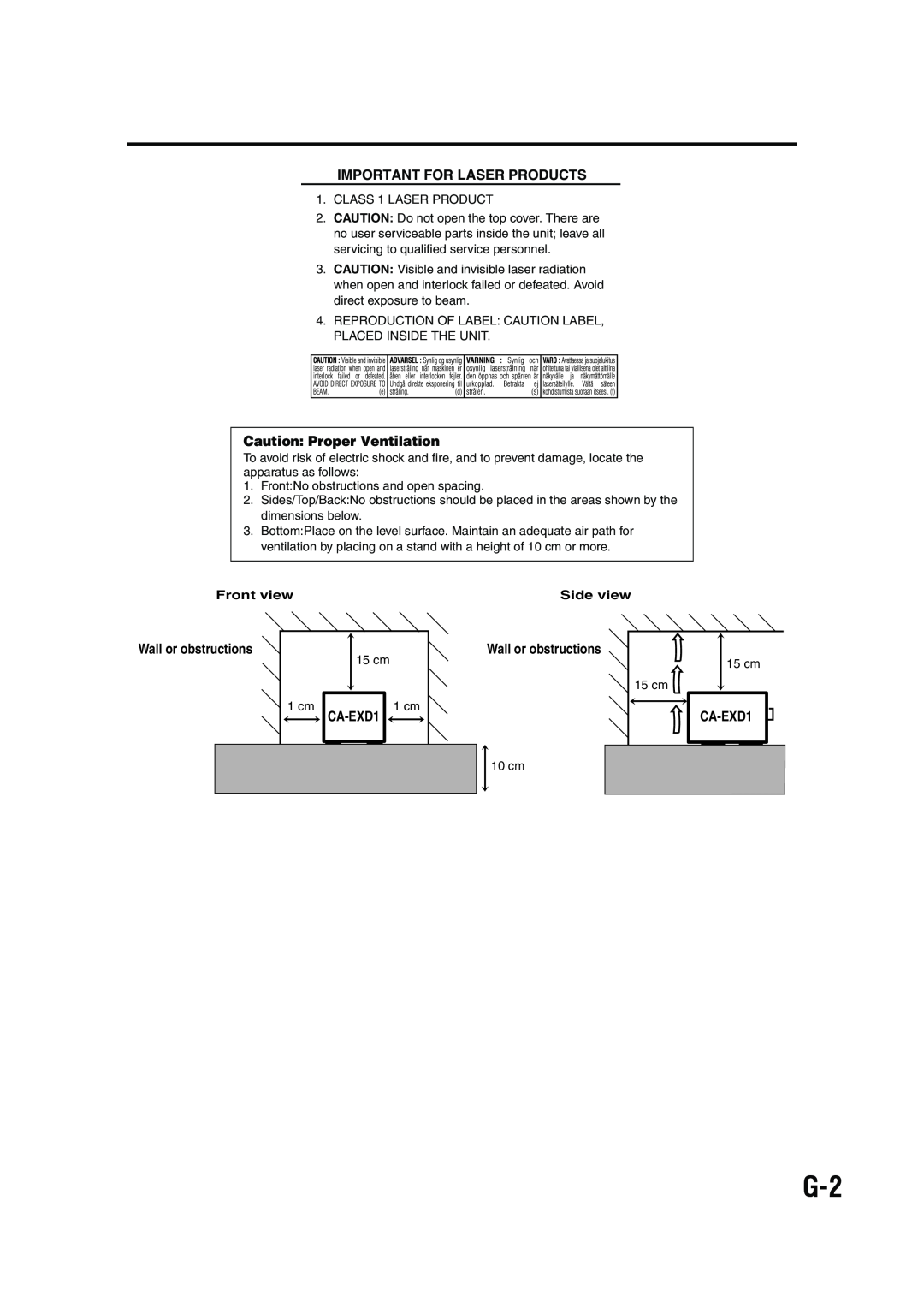 JVC GVT0143-008A manual Important For Laser Products, Caution Proper Ventilation, Wall or obstructions, CA-EXD1, Front view 