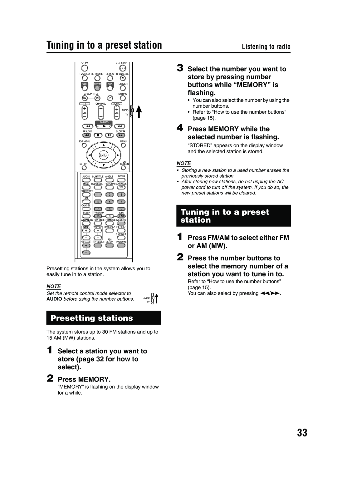 JVC GVT0143-008A manual Tuning in to a preset station, Presetting stations, Press MEMORY, Listening to radio 