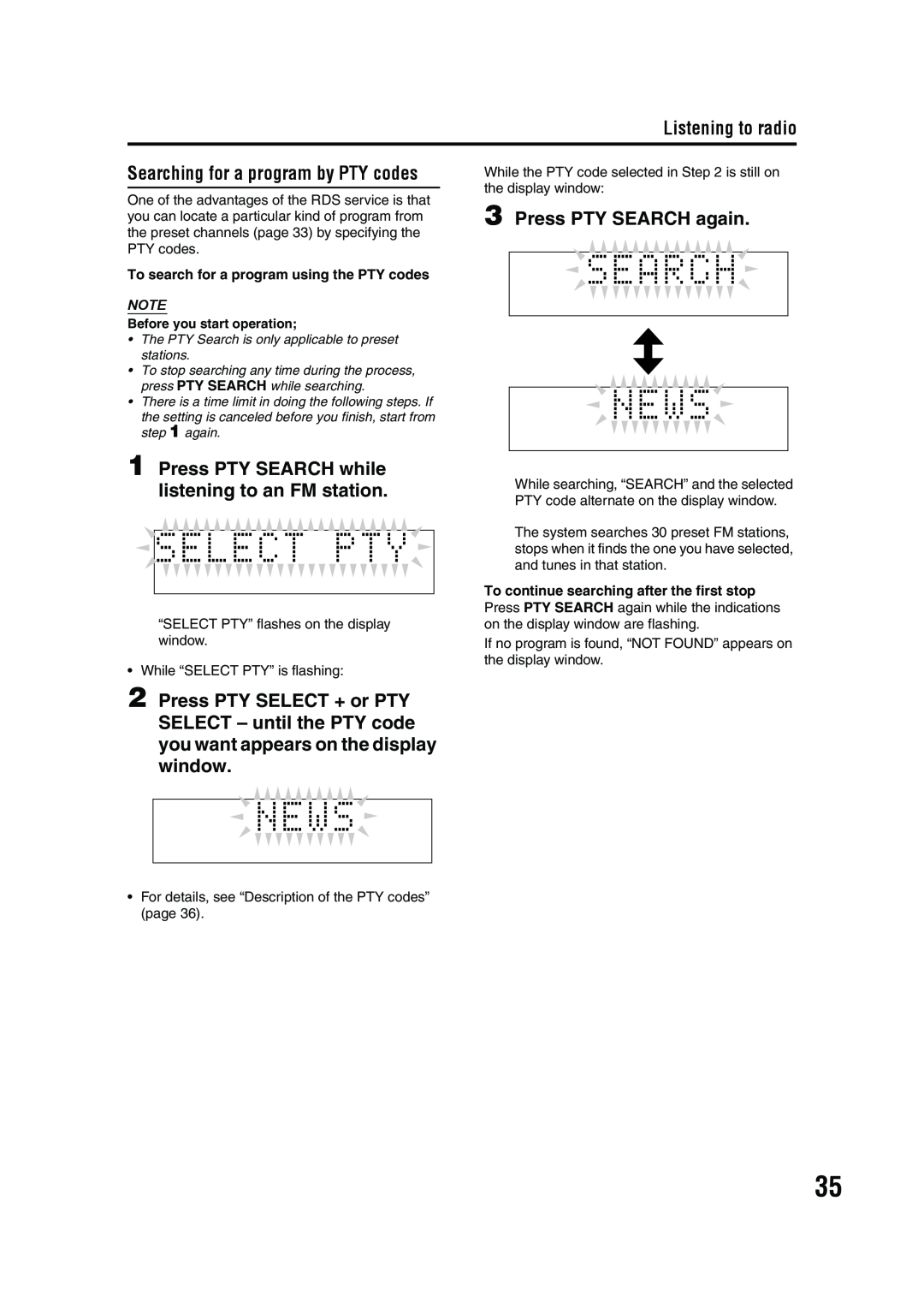 JVC GVT0143-008A manual Searching for a program by PTY codes, Press PTY SEARCH while listening to an FM station 