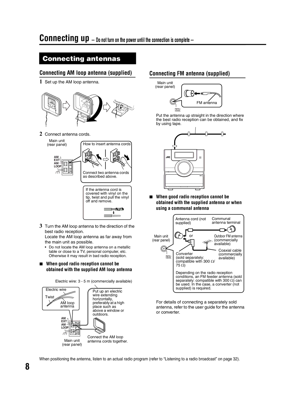 JVC GVT0144-005A Connecting antennas, Connection, Connecting AM loop antenna supplied, Connecting FM antenna supplied 