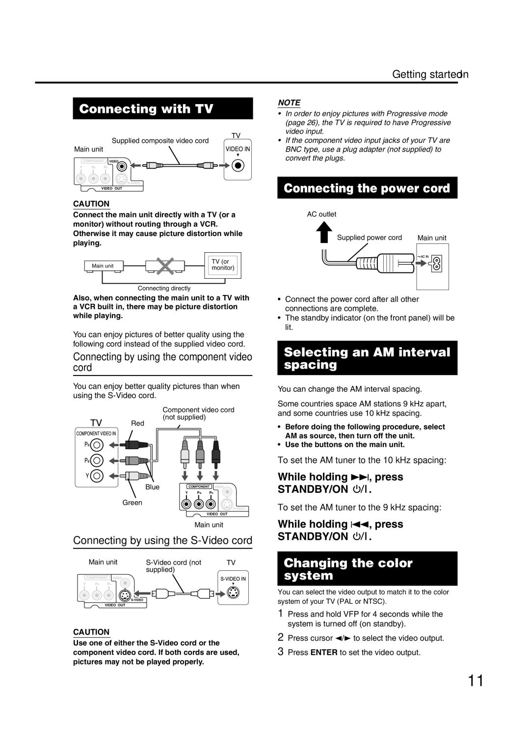 JVC GVT0144-005A manual Connecting with TV, Connecting the power cord, Selecting an AM interval spacing 