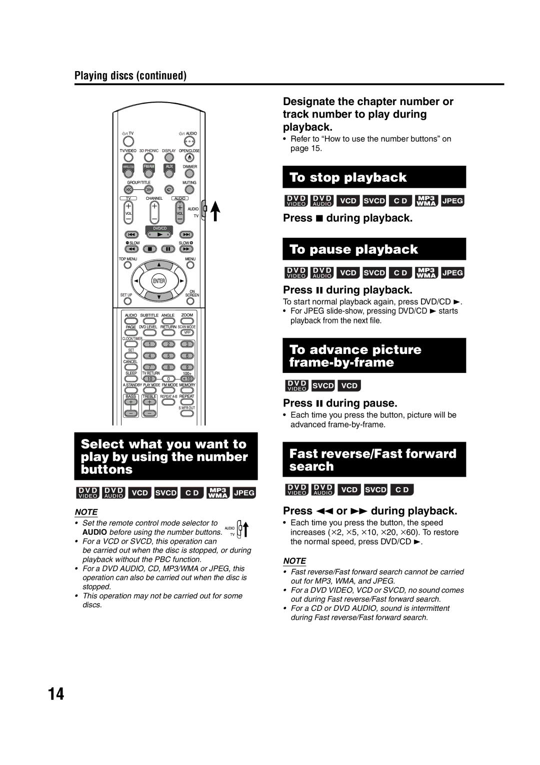 JVC GVT0144-005A To stop playback, To pause playback, To advance picture frame-by-frame, Fast reverse/Fast forward search 