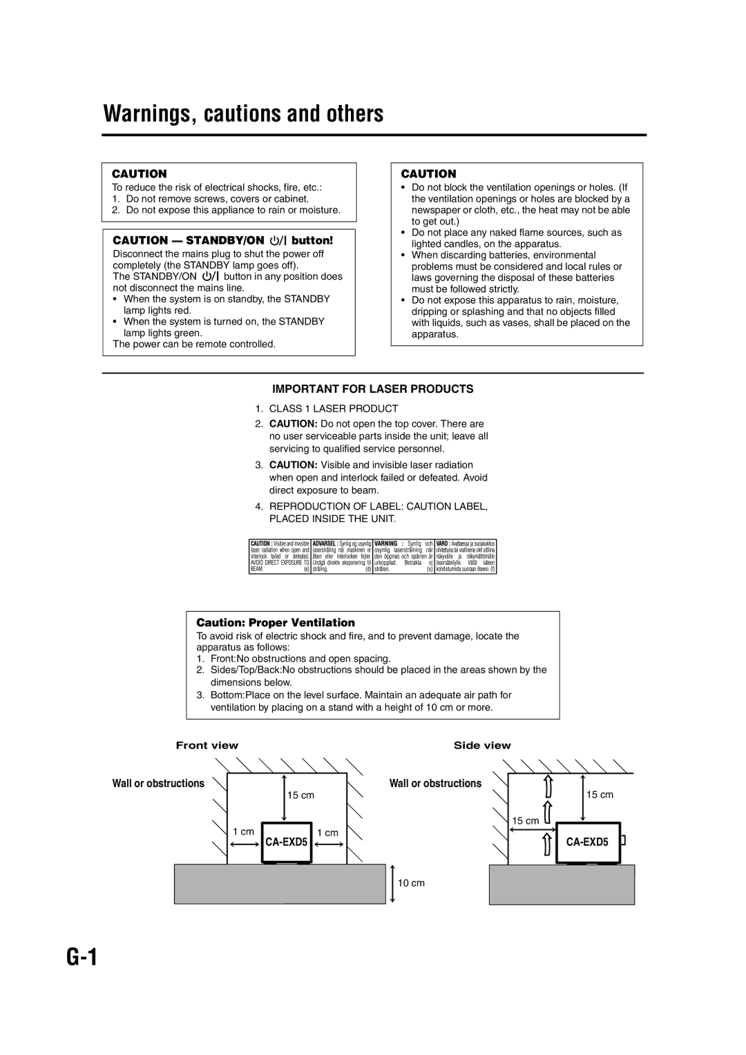 JVC GVT0144-005A manual Important for Laser Products, Wall or obstructions 