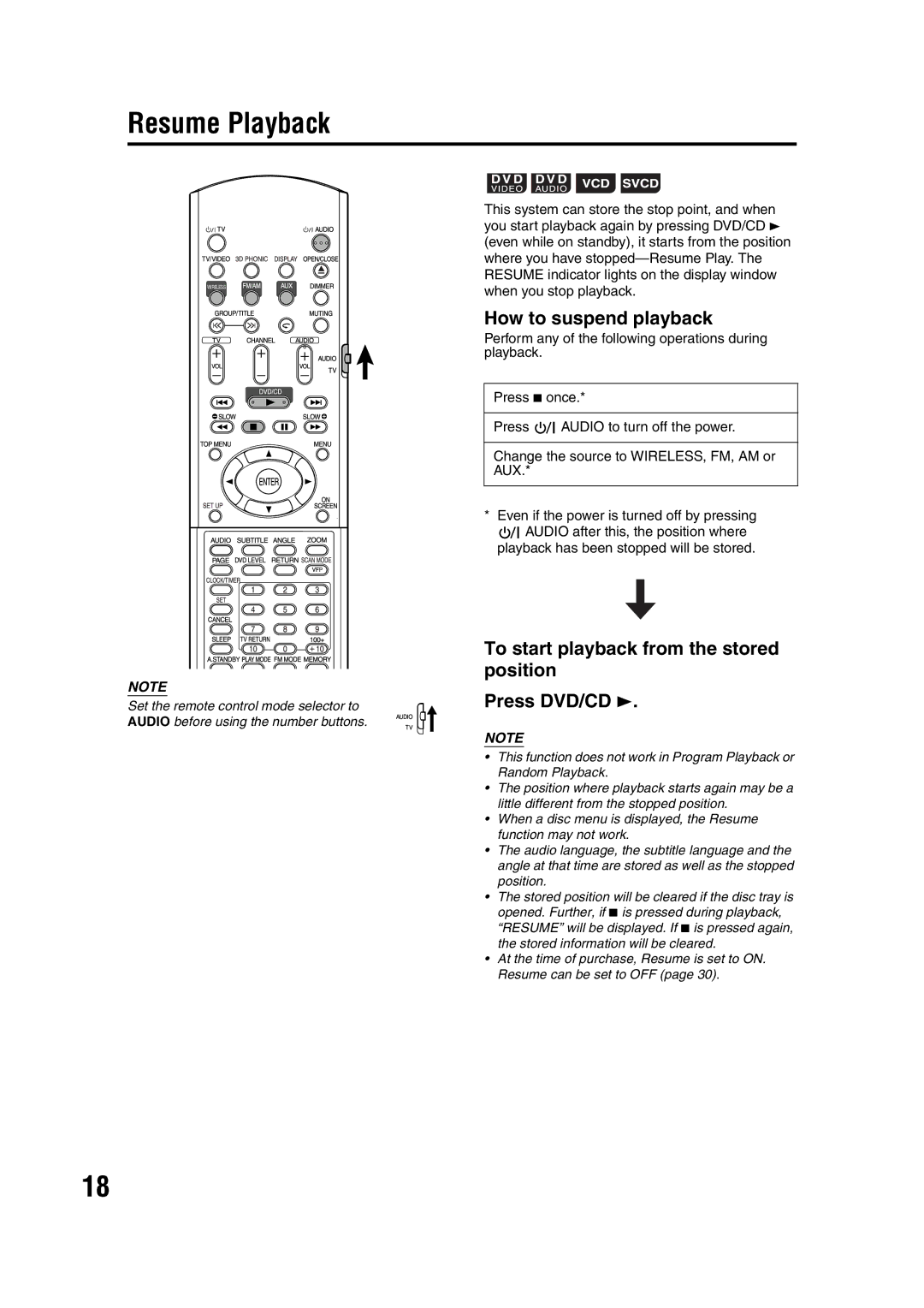 JVC GVT0144-005A manual Resume Playback, How to suspend playback, To start playback from the stored position Press DVD/CD 