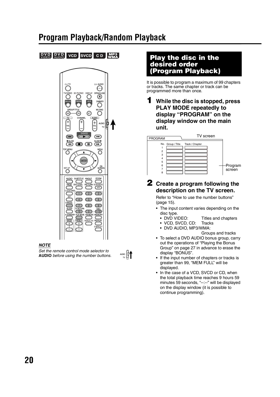 JVC GVT0144-005A manual Program Playback/Random Playback, Play the disc in the desired order Program Playback 