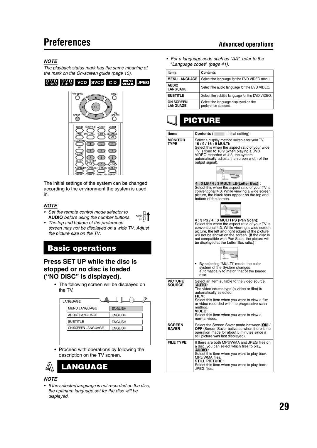 JVC GVT0144-005A manual Preferences, Basic operations, Following screen will be displayed on the TV 