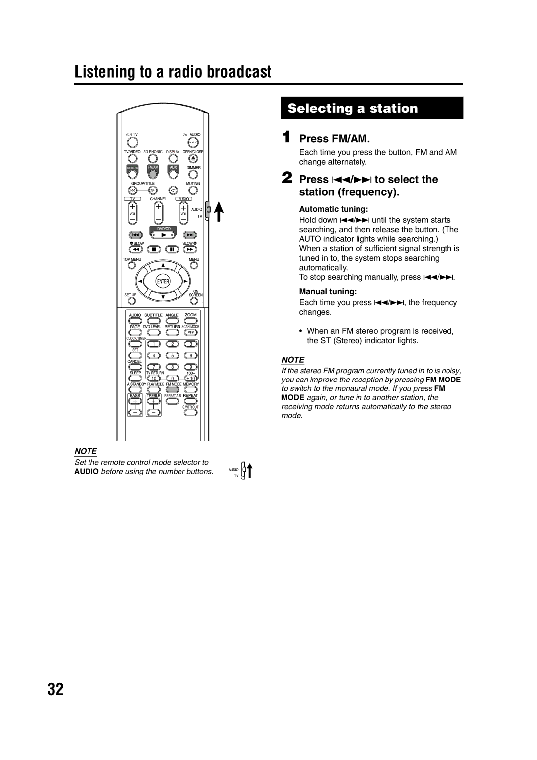 JVC GVT0144-005A manual Listening to a radio broadcast, Selecting a station, Press FM/AM 