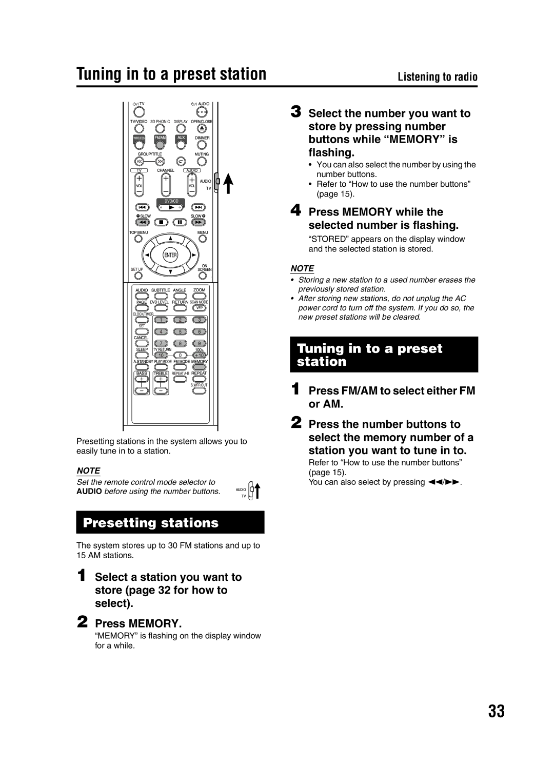 JVC GVT0144-005A Tuning in to a preset station, Presetting stations, Press Memory while the selected number is flashing 