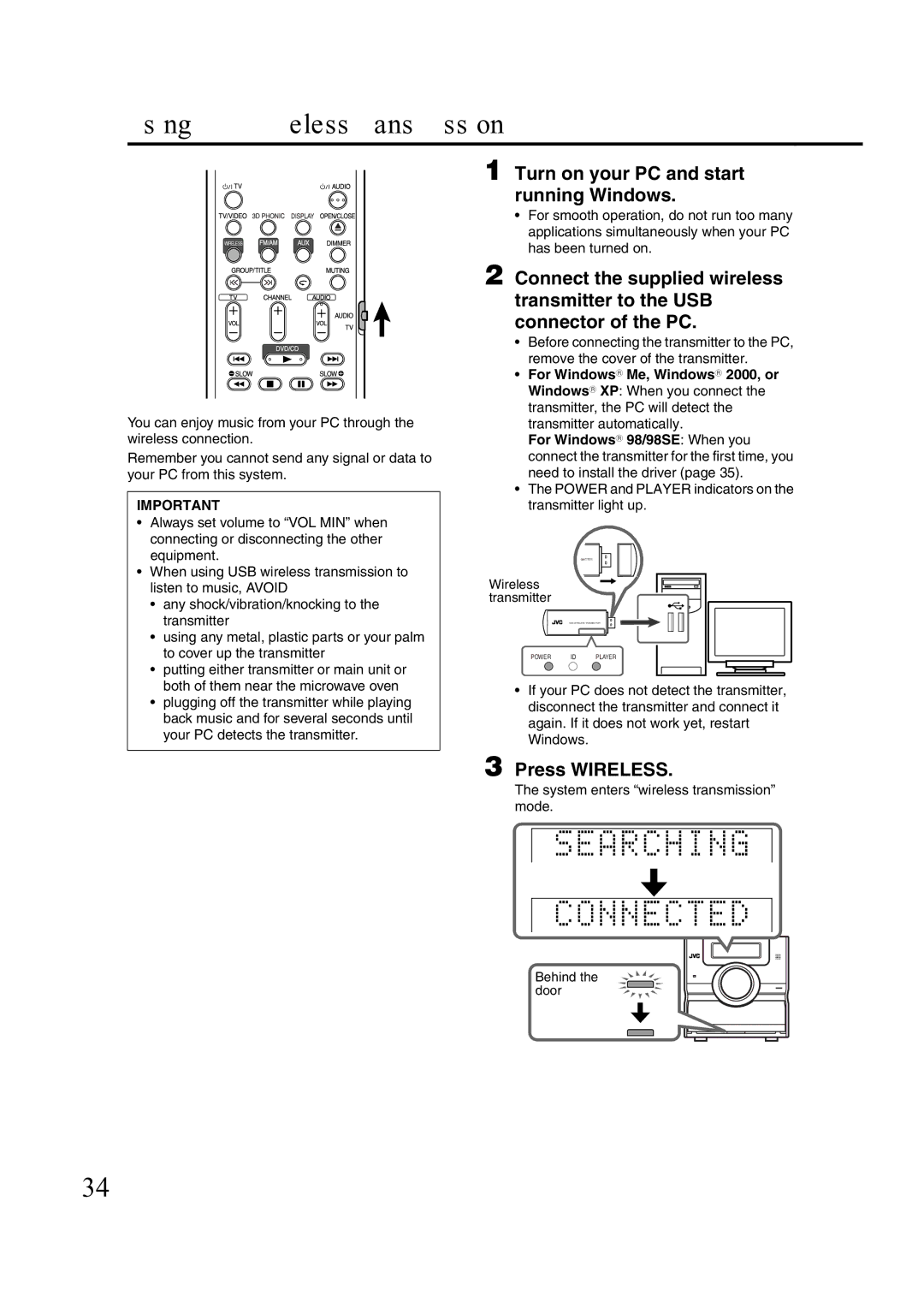 JVC GVT0144-005A manual Using USB wireless transmission, Turn on your PC and start running Windows, Press Wireless 