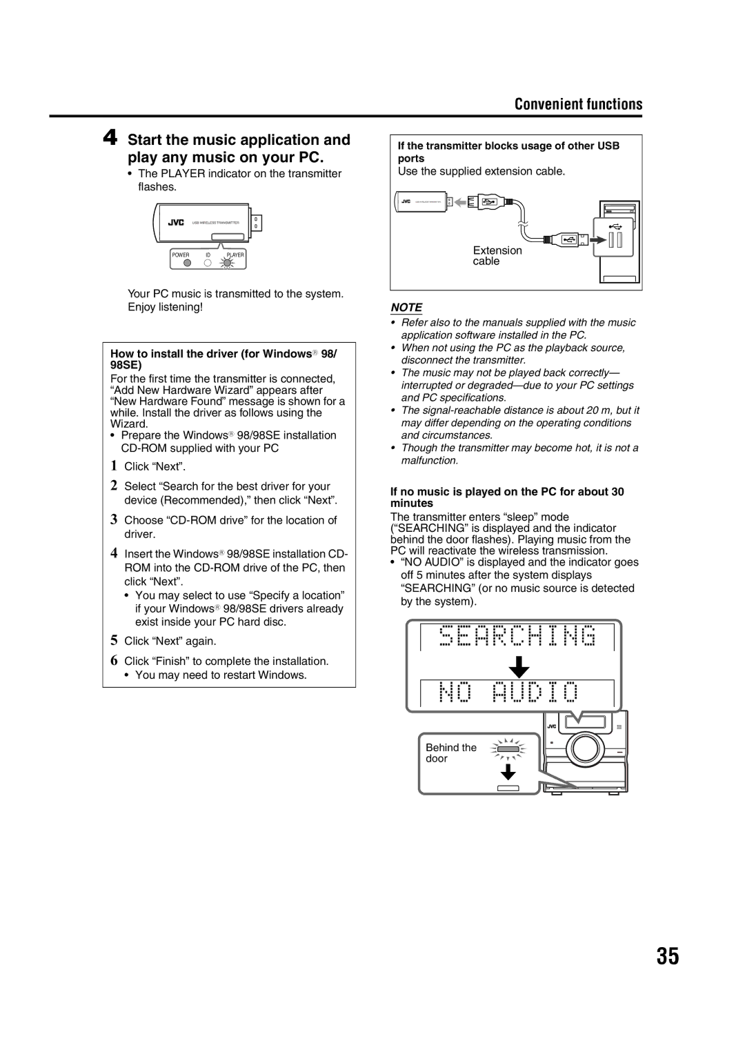 JVC GVT0144-005A How to install the driver for WindowsR 98/ 98SE, If no music is played on the PC for about 30 minutes 