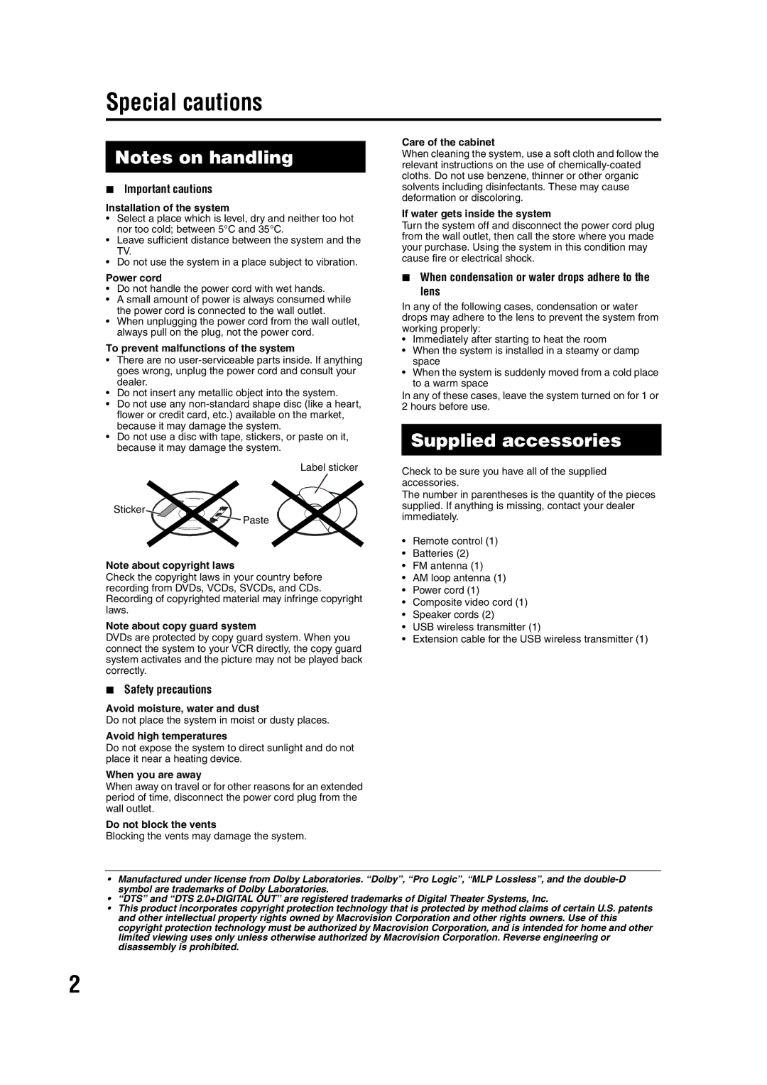 JVC GVT0144-005A manual Special cautions, Supplied accessories, Important cautions, Safety precautions 