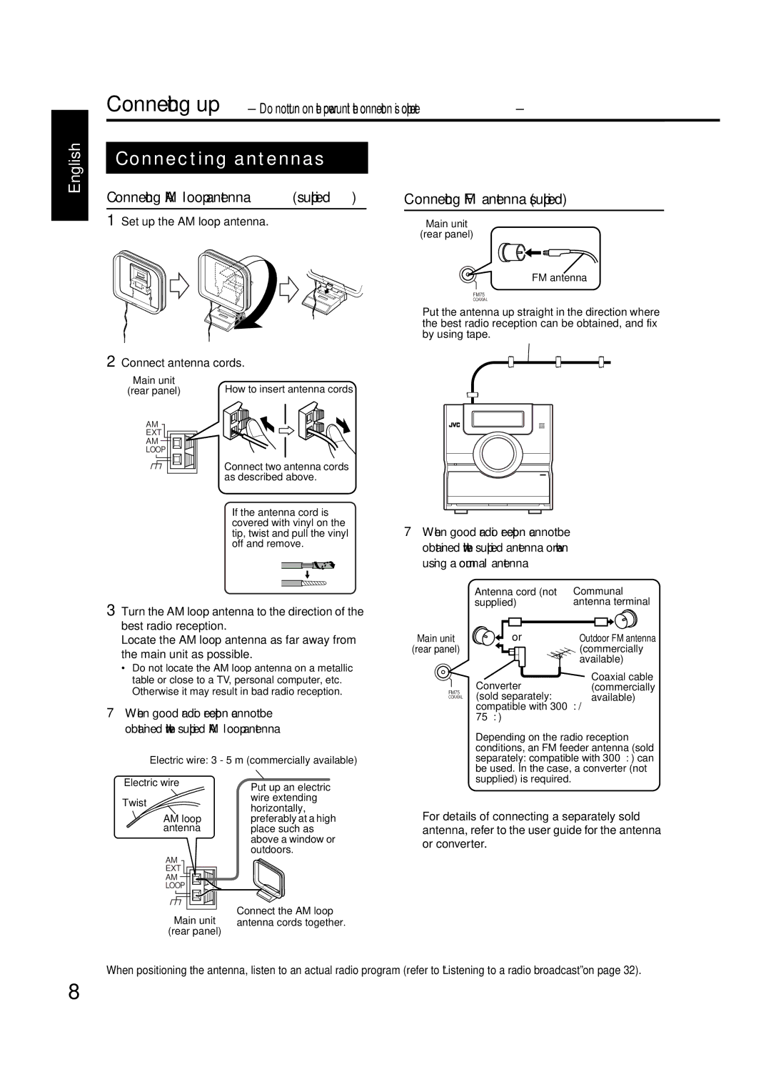 JVC GVT0144-005A manual Connection, Set up the AM loop antenna 