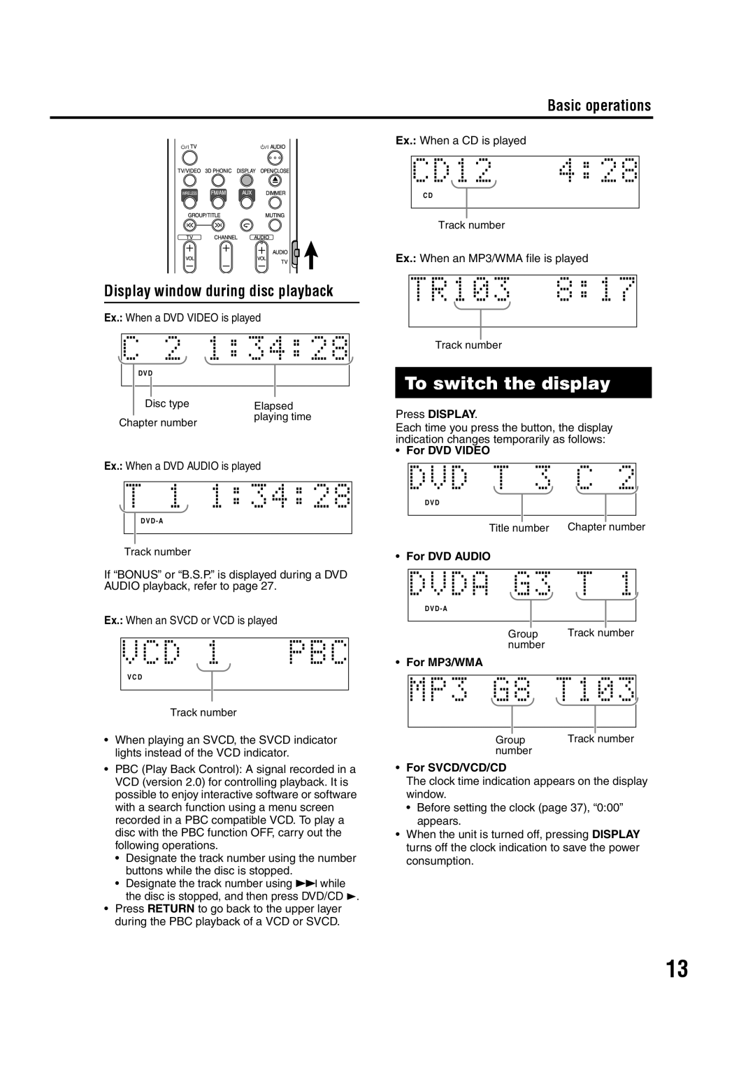 JVC GVT0144-005A manual To switch the display, Display window during disc playback, Basic operations 