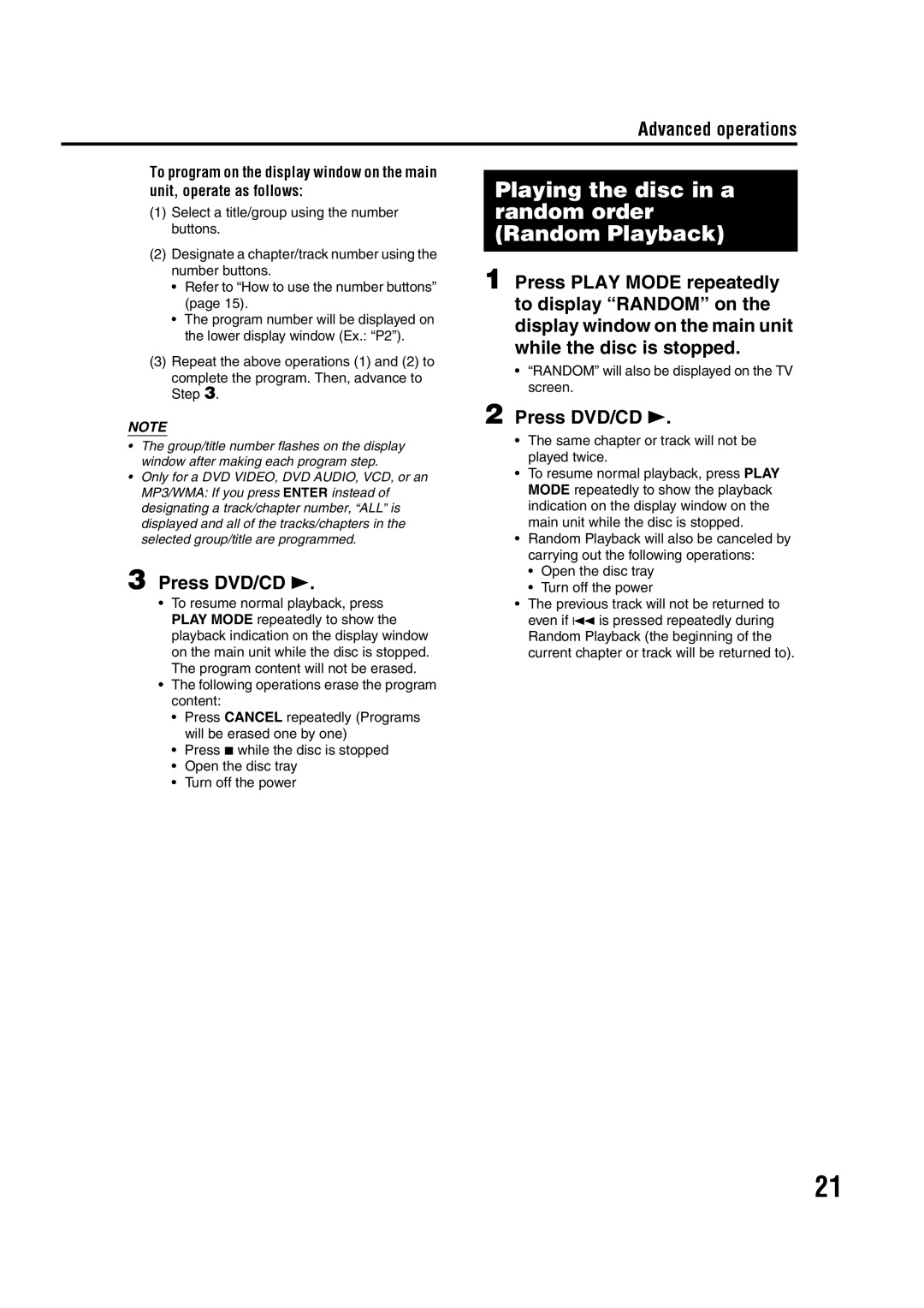 JVC GVT0144-005A manual Press DVD/CD, Advanced operations 