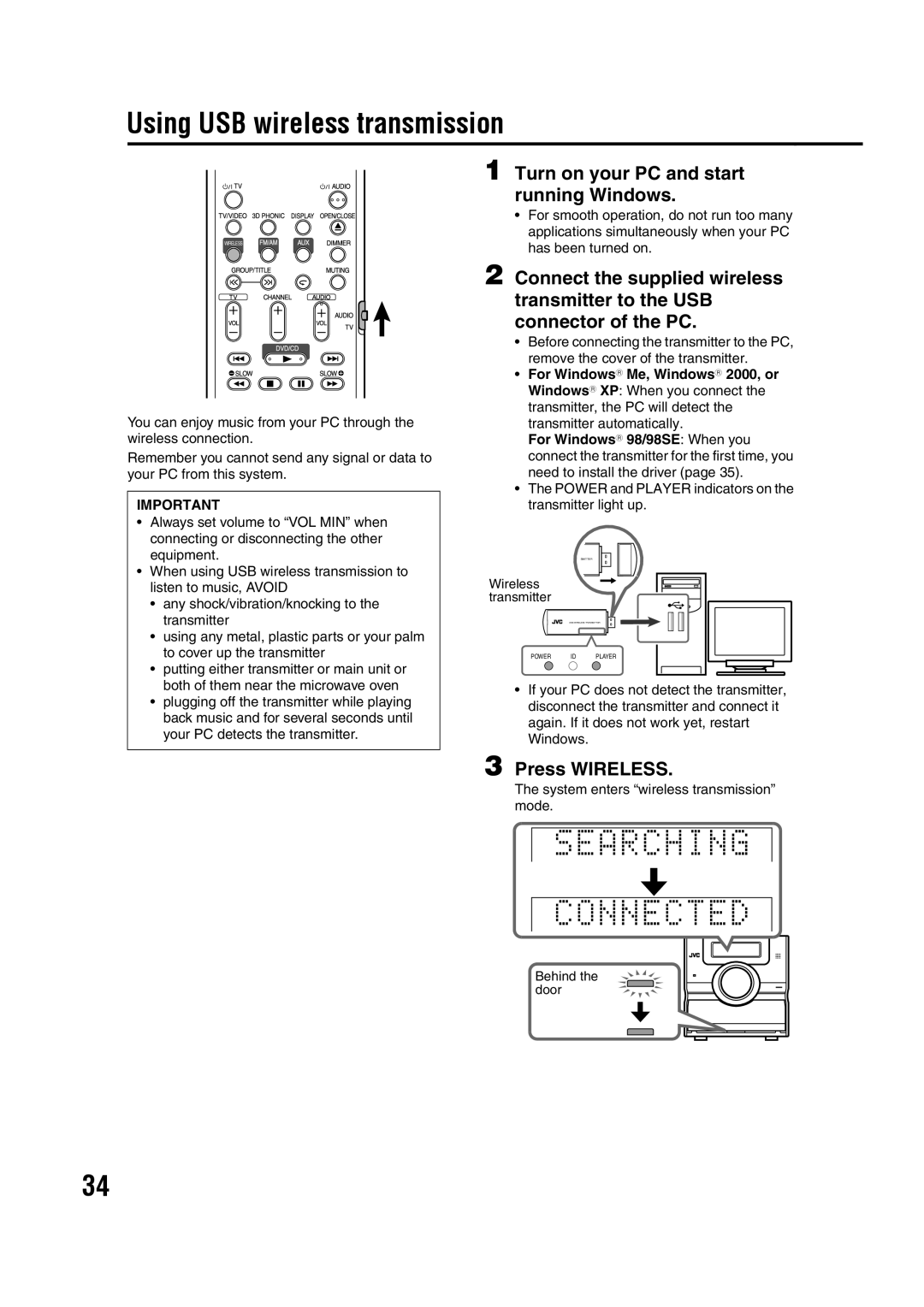 JVC GVT0144-005A manual Using USB wireless transmission, Turn on your PC and start running Windows, Press WIRELESS 