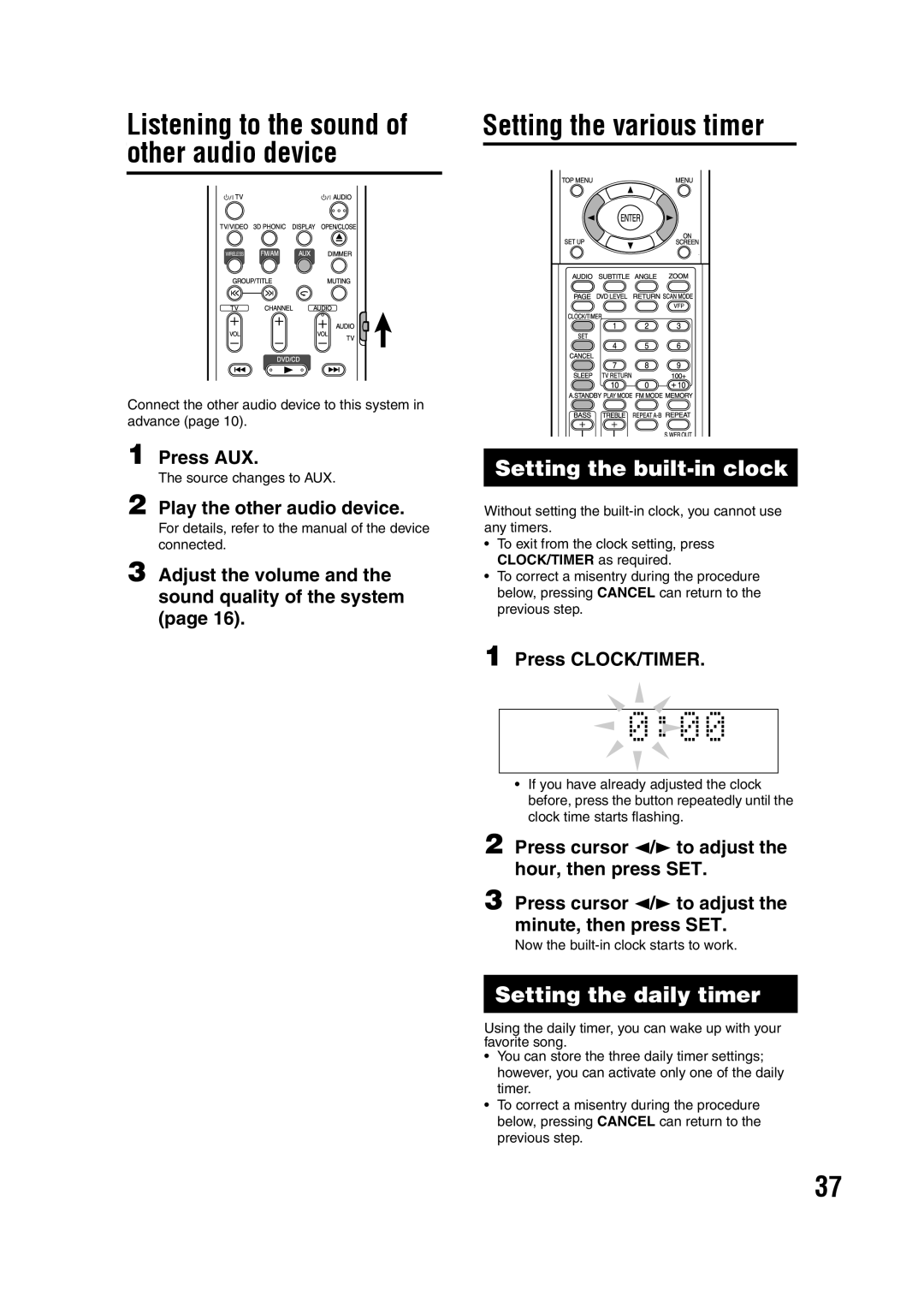 JVC GVT0144-005A manual Setting the various timer, Listening to the sound of other audio device, Setting the built-inclock 