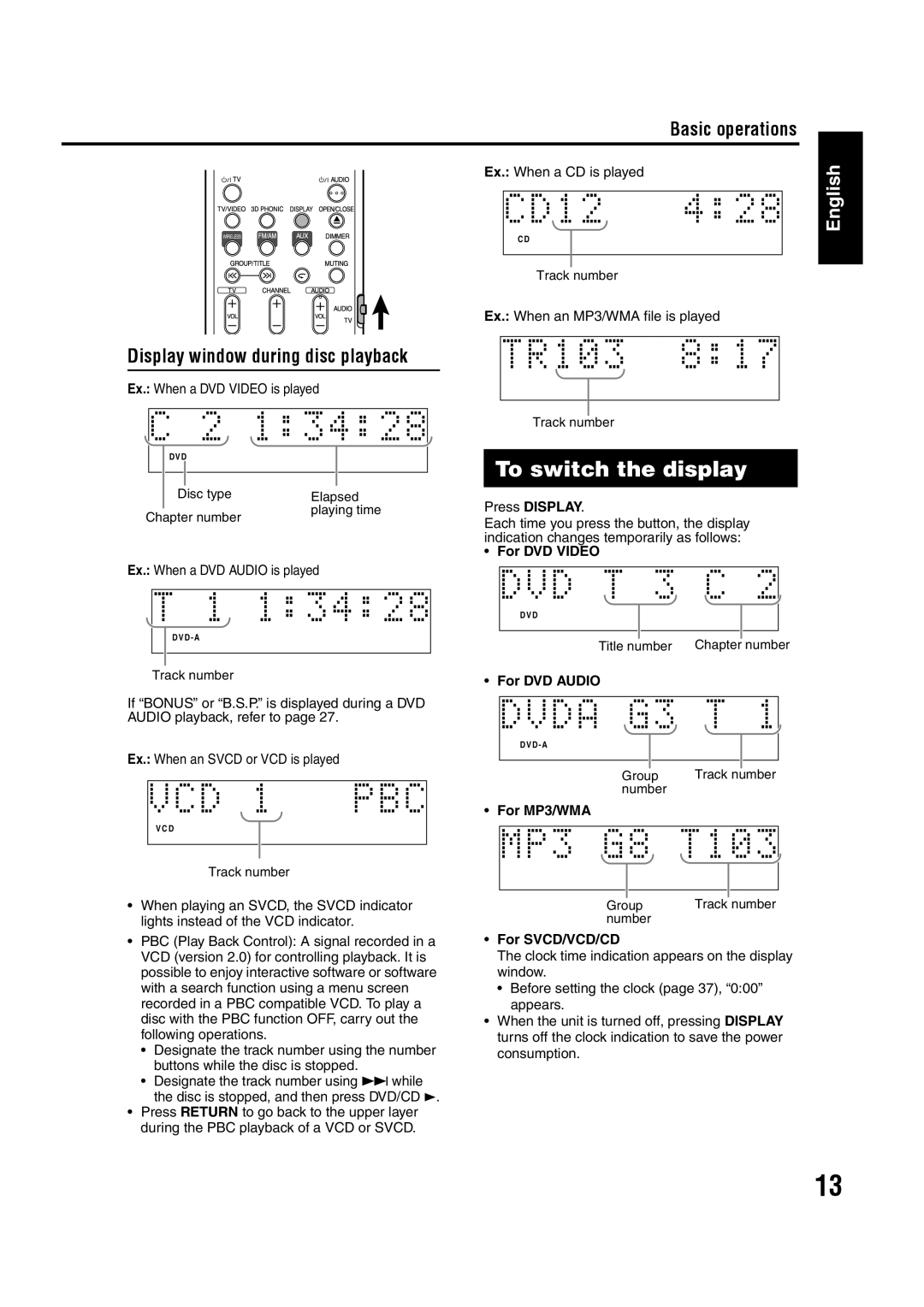 JVC GVT0144-005A manual To switch the display, Basic operations, Display window during disc playback, English 