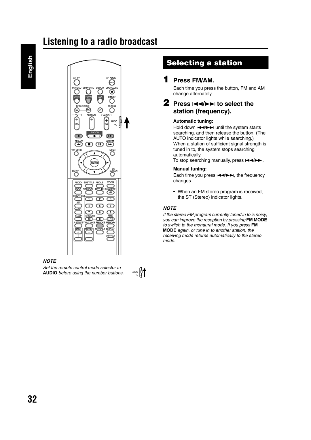 JVC GVT0144-005A manual Listening to a radio broadcast, Selecting a station, English, Press FM/AM 