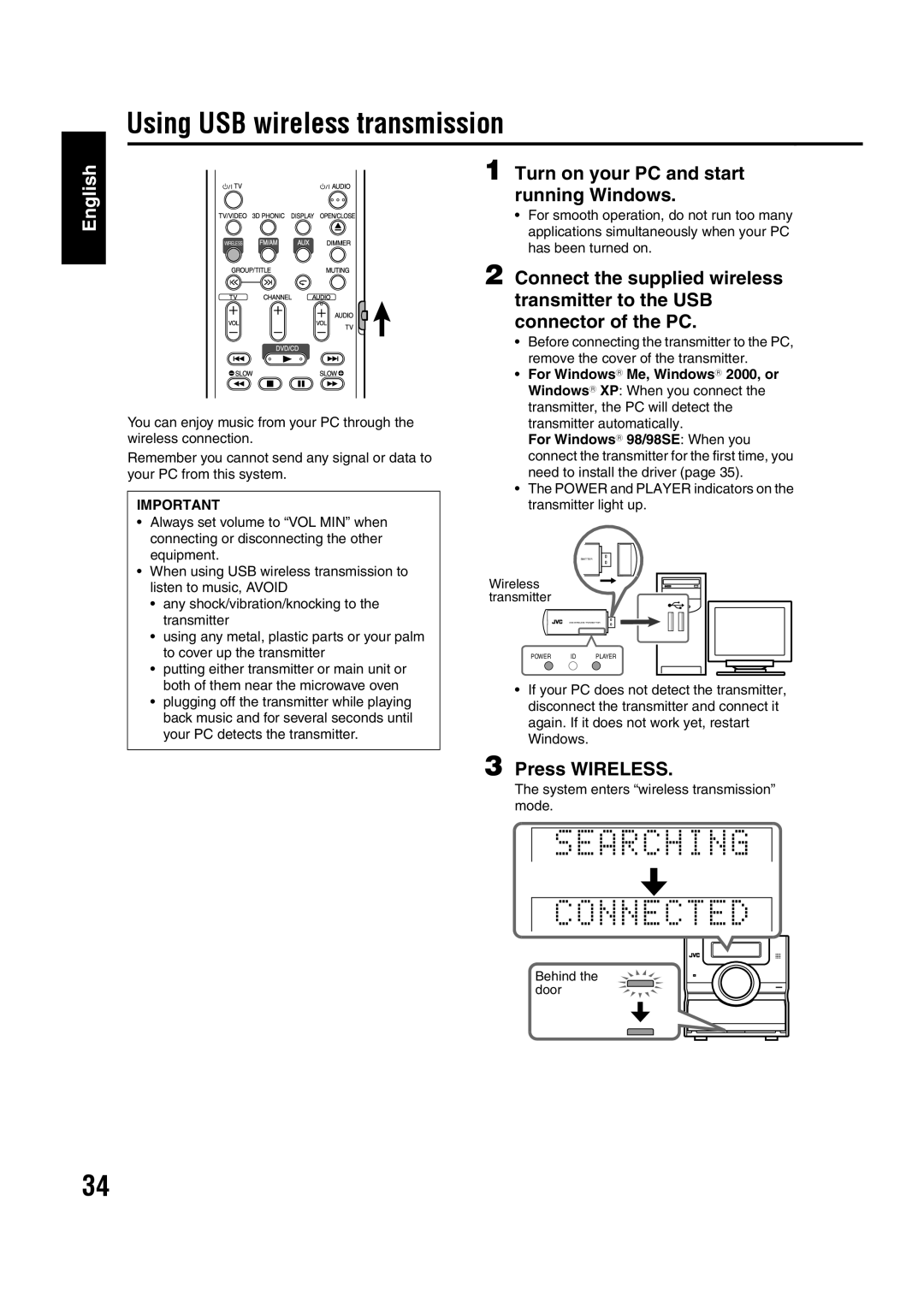 JVC GVT0144-005A manual Using USB wireless transmission, English, Turn on your PC and start running Windows, Press WIRELESS 
