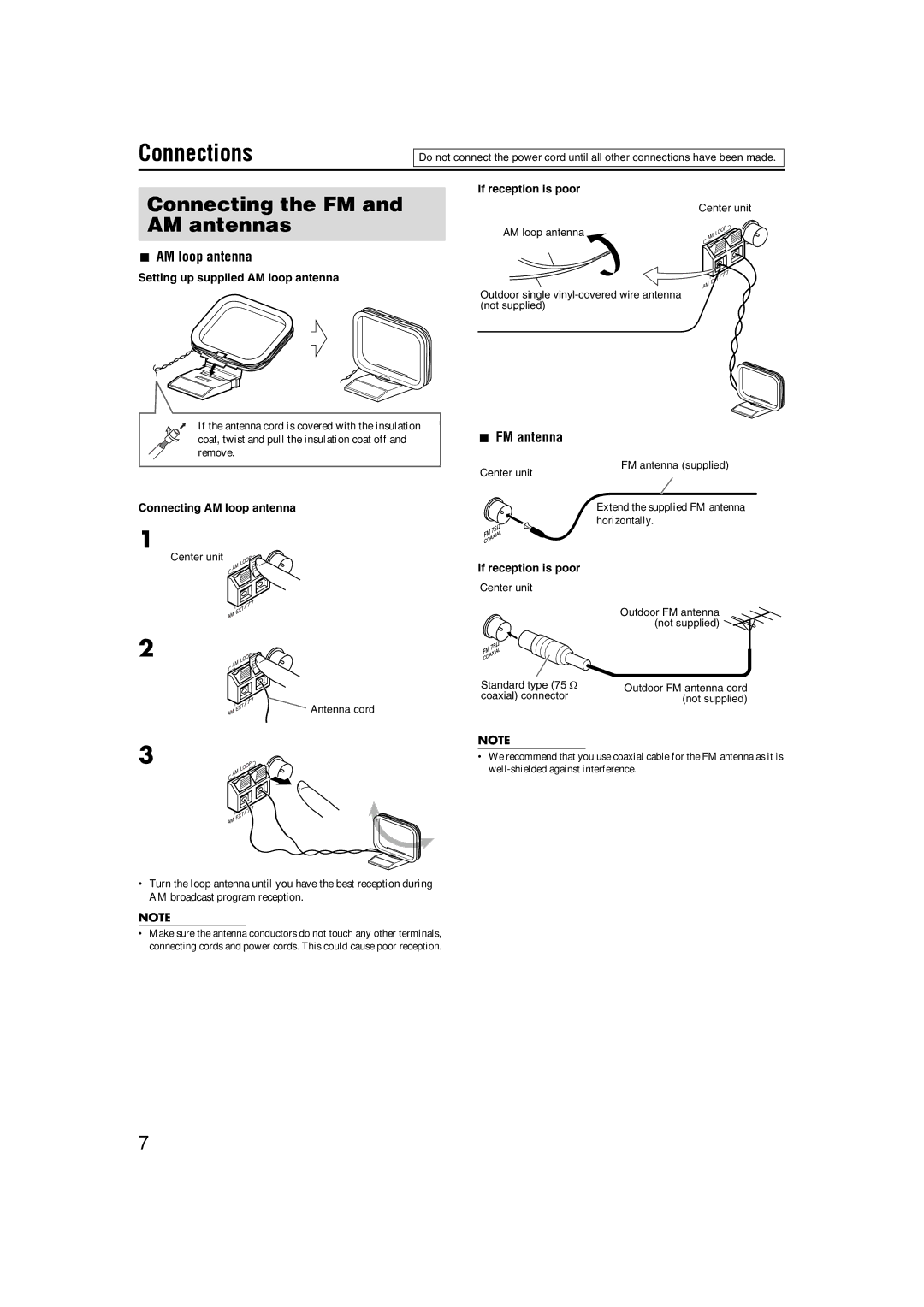 JVC GVT0150-008A, GVT0150-008UX, GVT0150-008US Connections, Connecting the FM and AM antennas, AM loop antenna, FM antenna 