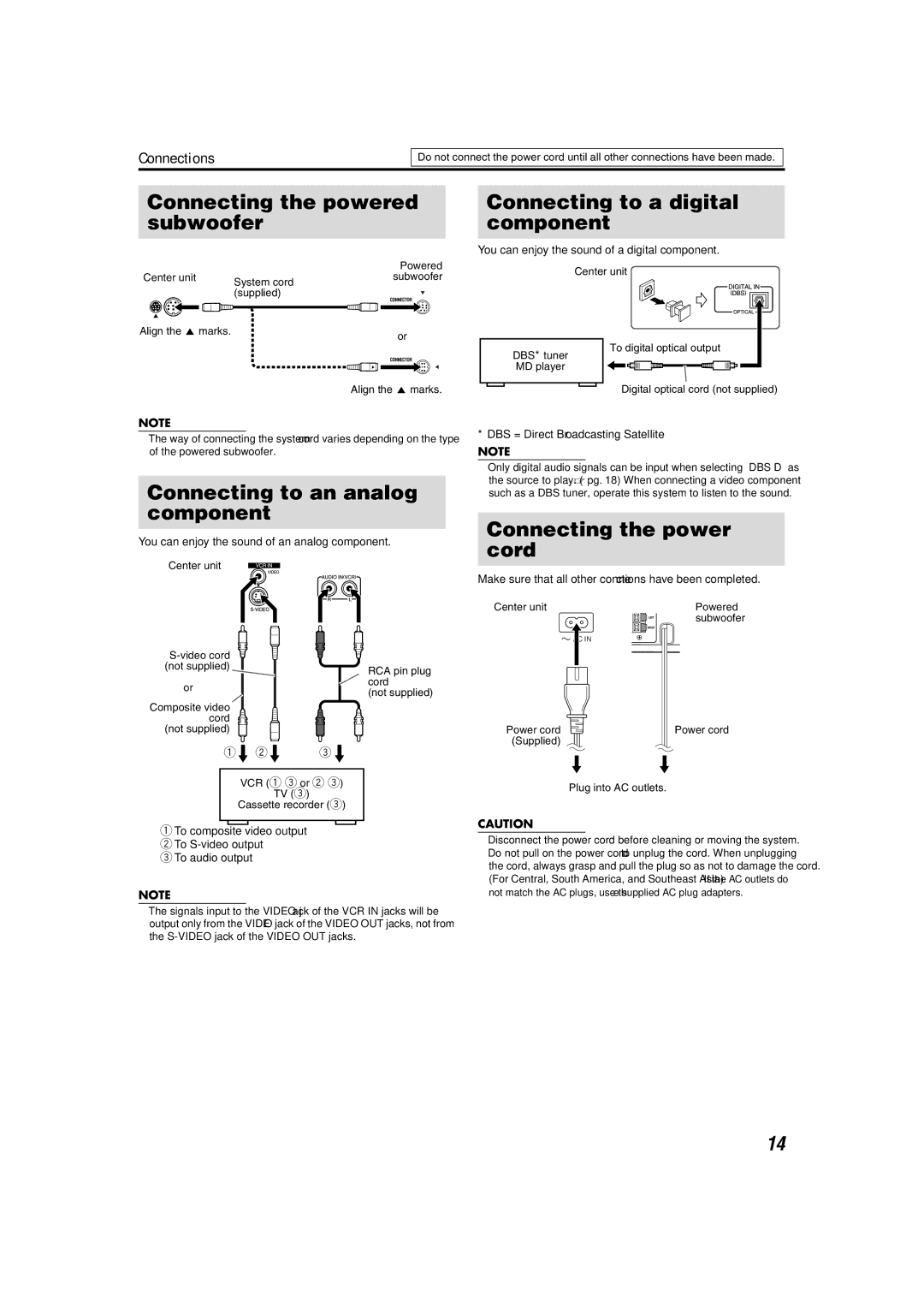 JVC GVT0150-008UW Connecting the powered subwoofer, Connecting to a digital component, Connecting to an analog component 