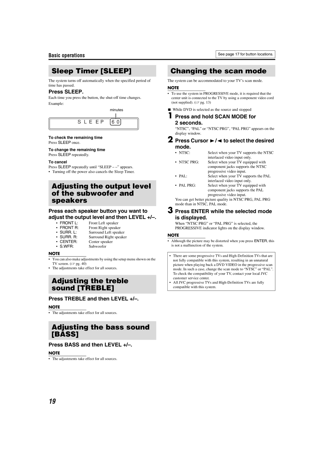 JVC GVT0150-008A manual Sleep Timer Sleep, Adjusting the output level of the subwoofer and speakers, Changing the scan mode 