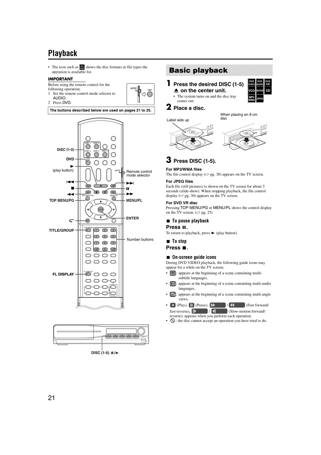 JVC GVT0150-008UX, GVT0150-008US, GVT0150-008UN, GVT0150-008UG manual Playback, Basic playback, Place a disc, Press Disc 