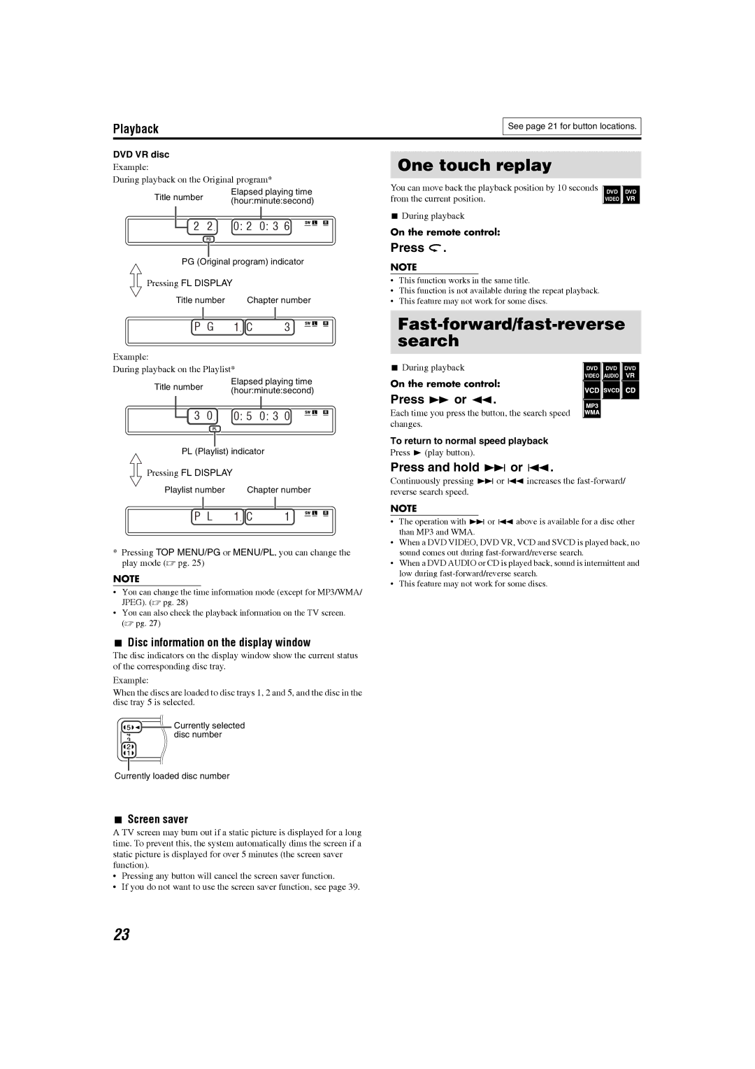 JVC GVT0150-008UN, GVT0150-008UX manual One touch replay, Fast-forward/fast-reverse search, Press y or, Press and hold x or 