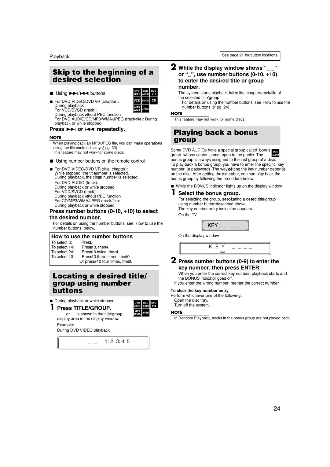 JVC GVT0150-008UG manual Skip to the beginning of a desired selection, Locating a desired title/ group using number buttons 